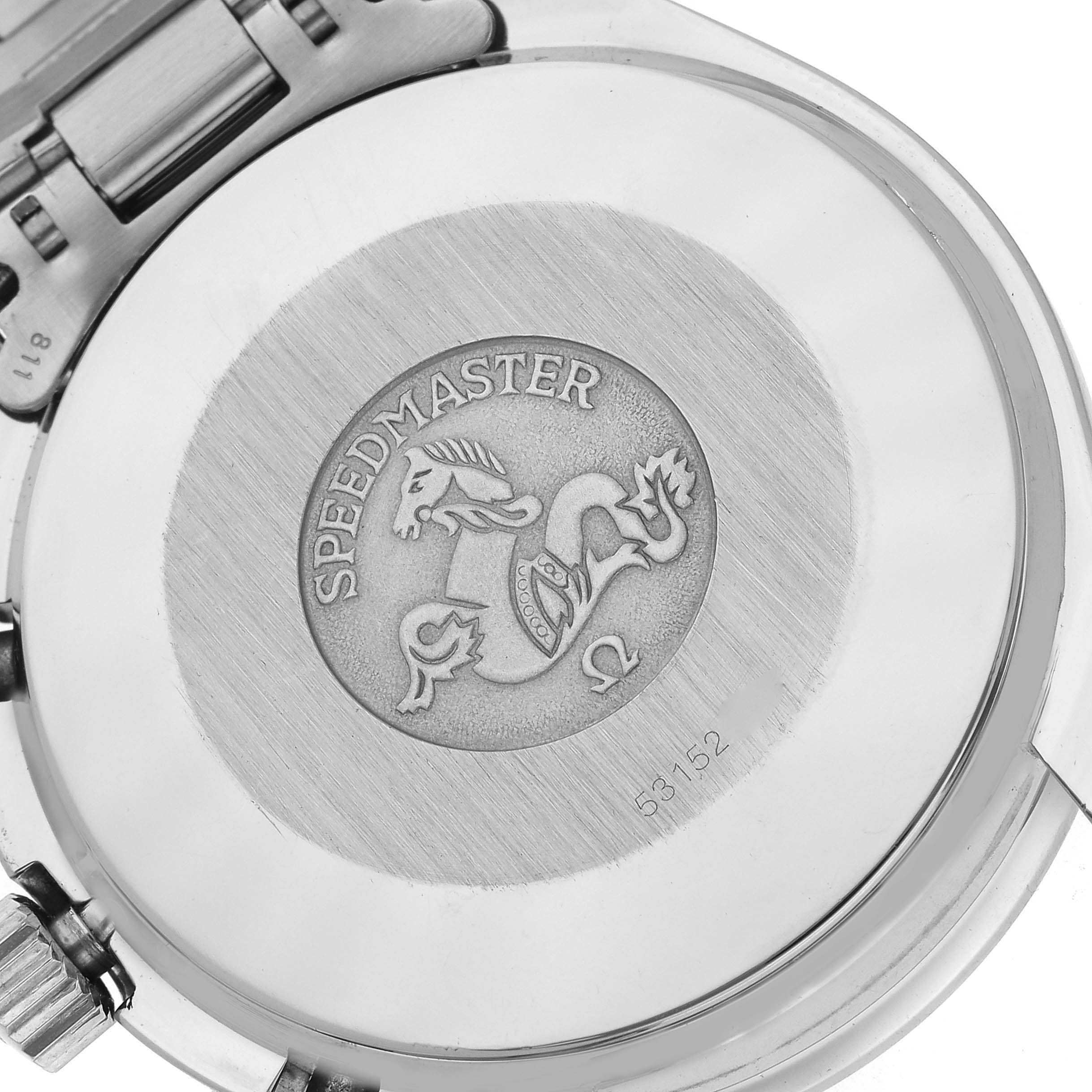 The image shows the back case of the Omega Speedmaster 3510.20.00 Men's Stainless Steel White Dial 3510.20.00 Men's Stainless Steel White Dial watch, highlighting the embossed logo and model details.