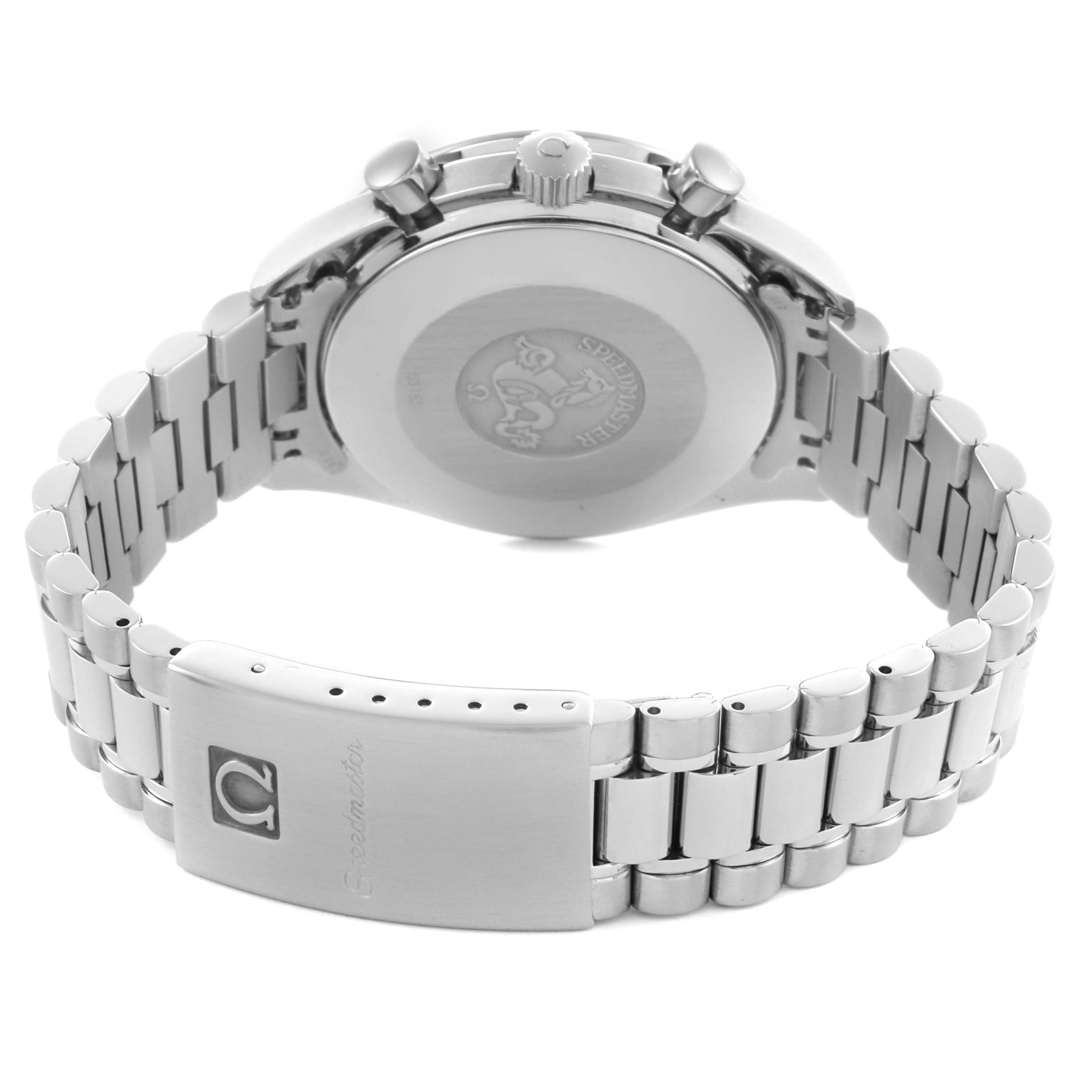 The image shows the back view of an Omega Speedmaster 3510.20.00 Men's Stainless Steel White Dial 3510.20.00 Men's Stainless Steel White Dial, highlighting the clasp, bracelet, and case back.