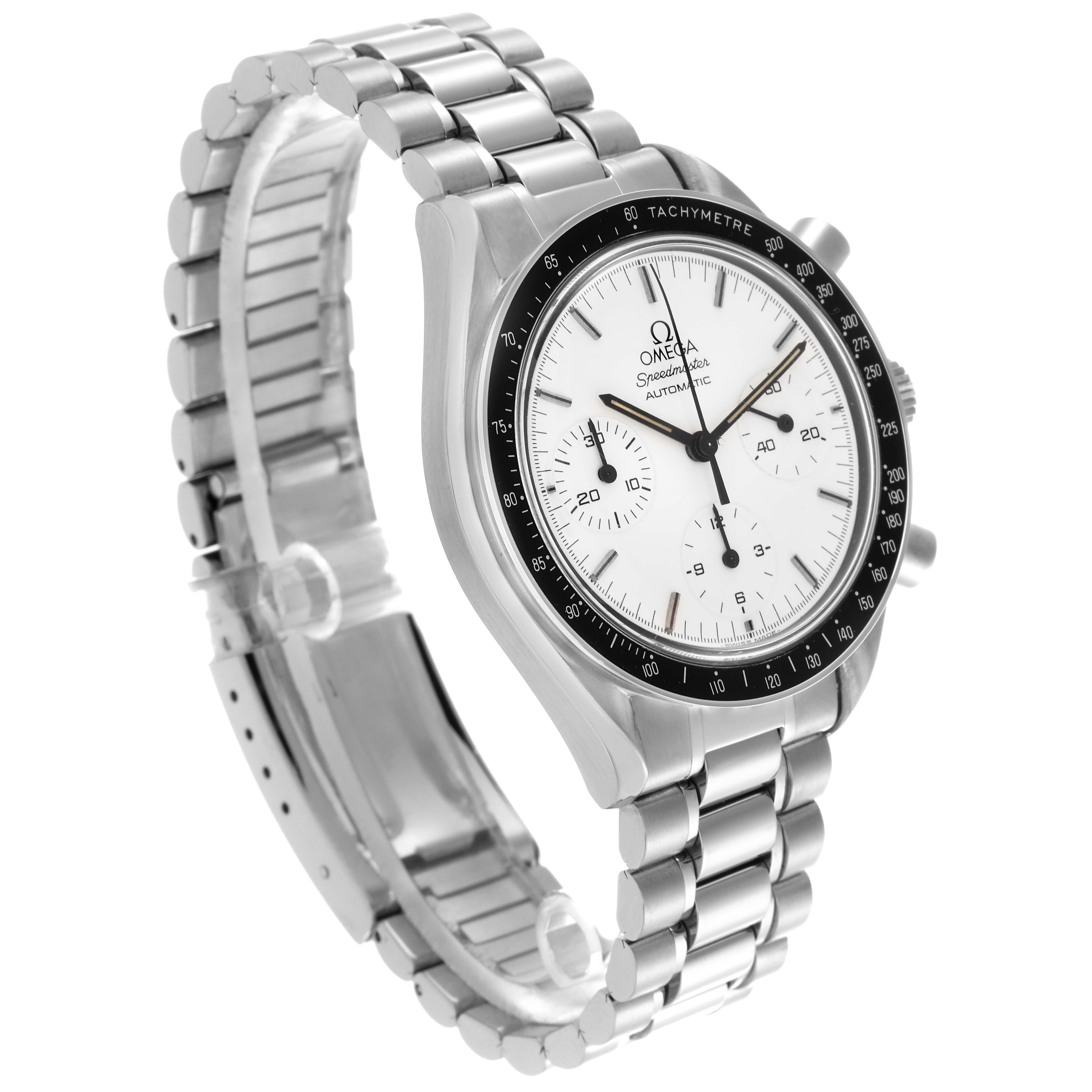The Omega Speedmaster 3510.20.00 Men's Stainless Steel White Dial 3510.20.00 Men's Stainless Steel White Dial watch is shown at a three-quarter angle, highlighting the dial, bezel, and stainless steel bracelet.