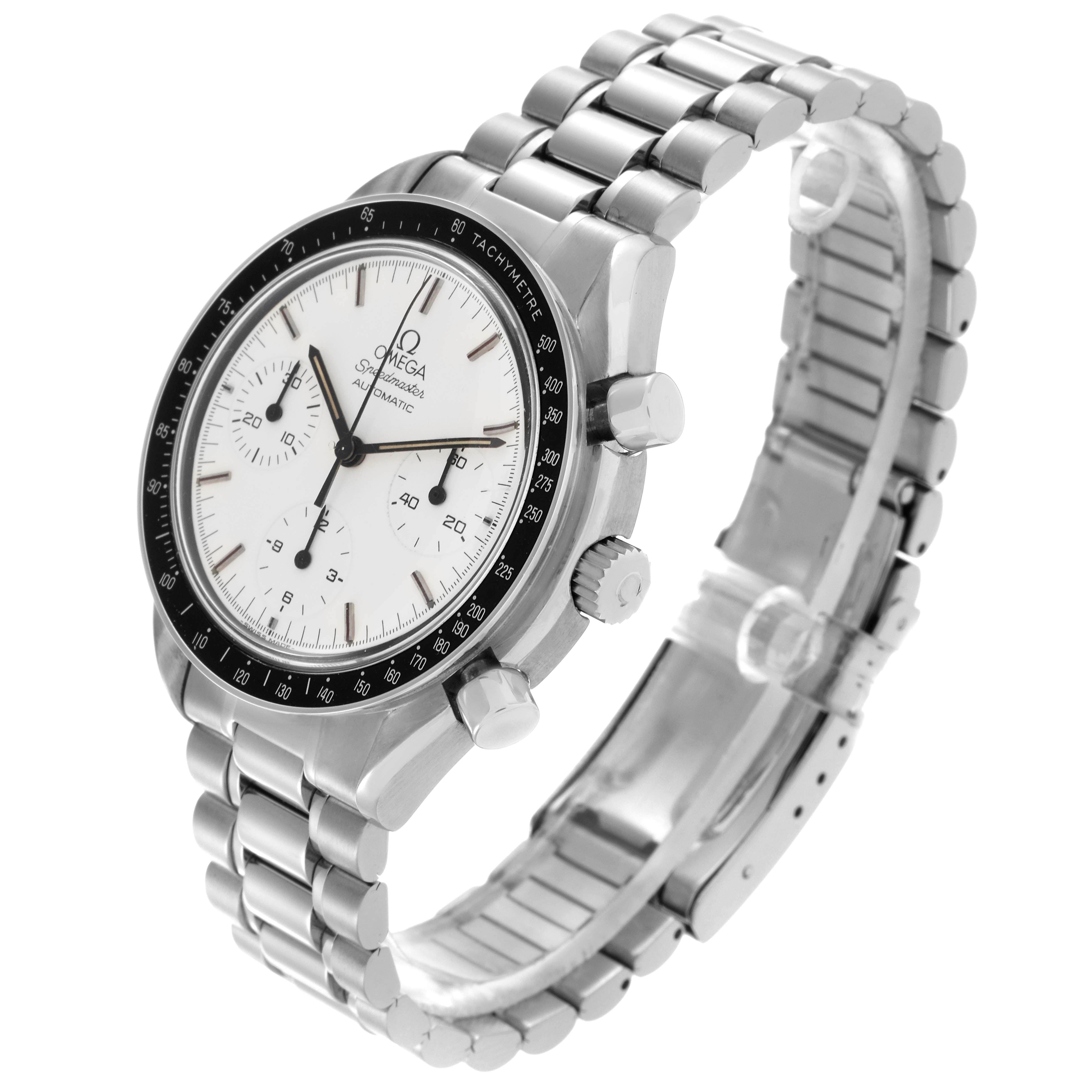 The Omega Speedmaster 3510.20.00 Men's Stainless Steel White Dial 3510.20.00 Men's Stainless Steel White Dial watch is angled to show the dial, bezel, side pushers, and stainless steel bracelet.
