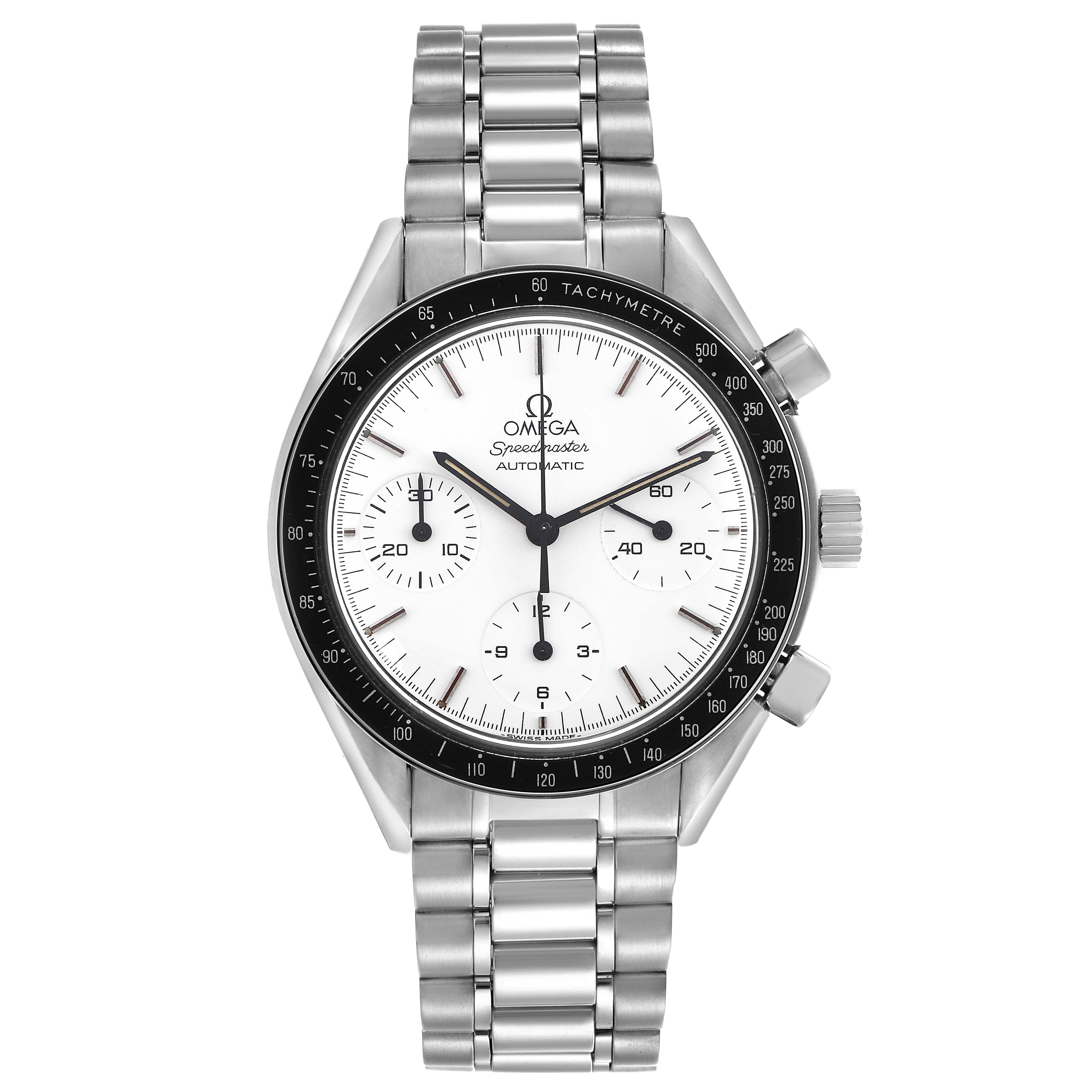 The Omega Speedmaster 3510.20.00 Men's Stainless Steel White Dial 3510.20.00 Men's Stainless Steel White Dial watch is shown from a top-down angle, featuring the face, bezel, and metal bracelet.