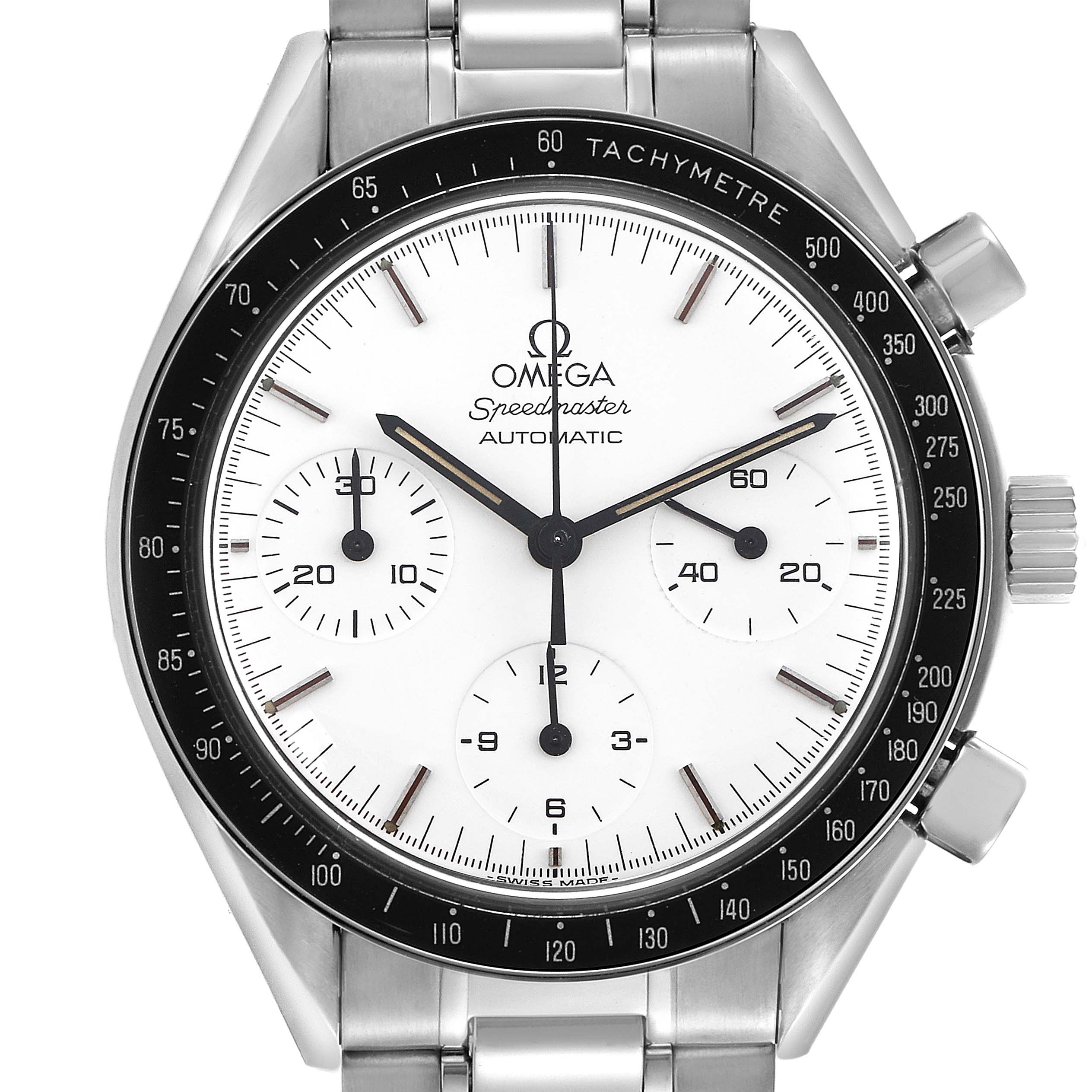The Omega Speedmaster 3510.20.00 Men's Stainless Steel White Dial 3510.20.00 Men's Stainless Steel White Dial is shown from a front angle, displaying the full dial, tachymeter bezel, and pushers.