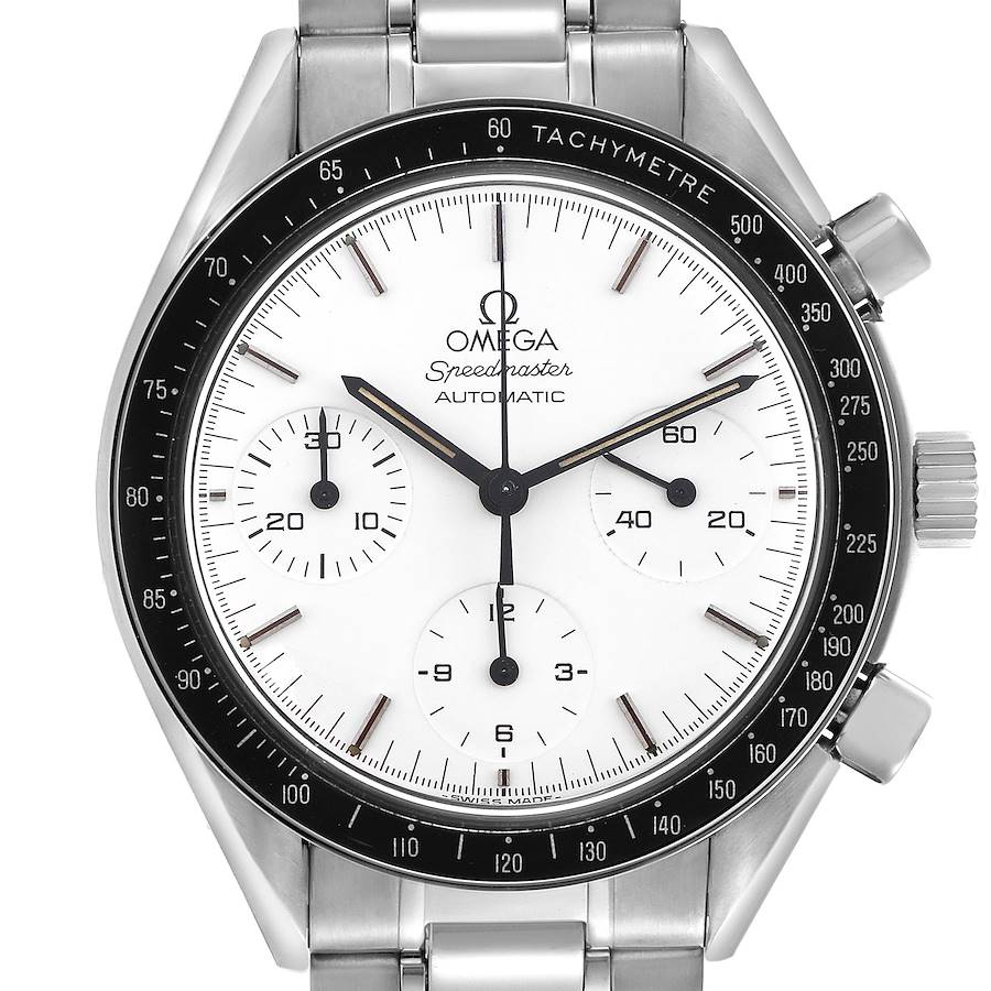 The Omega Speedmaster is shown from a front angle, displaying the full dial, tachymeter bezel, and pushers.