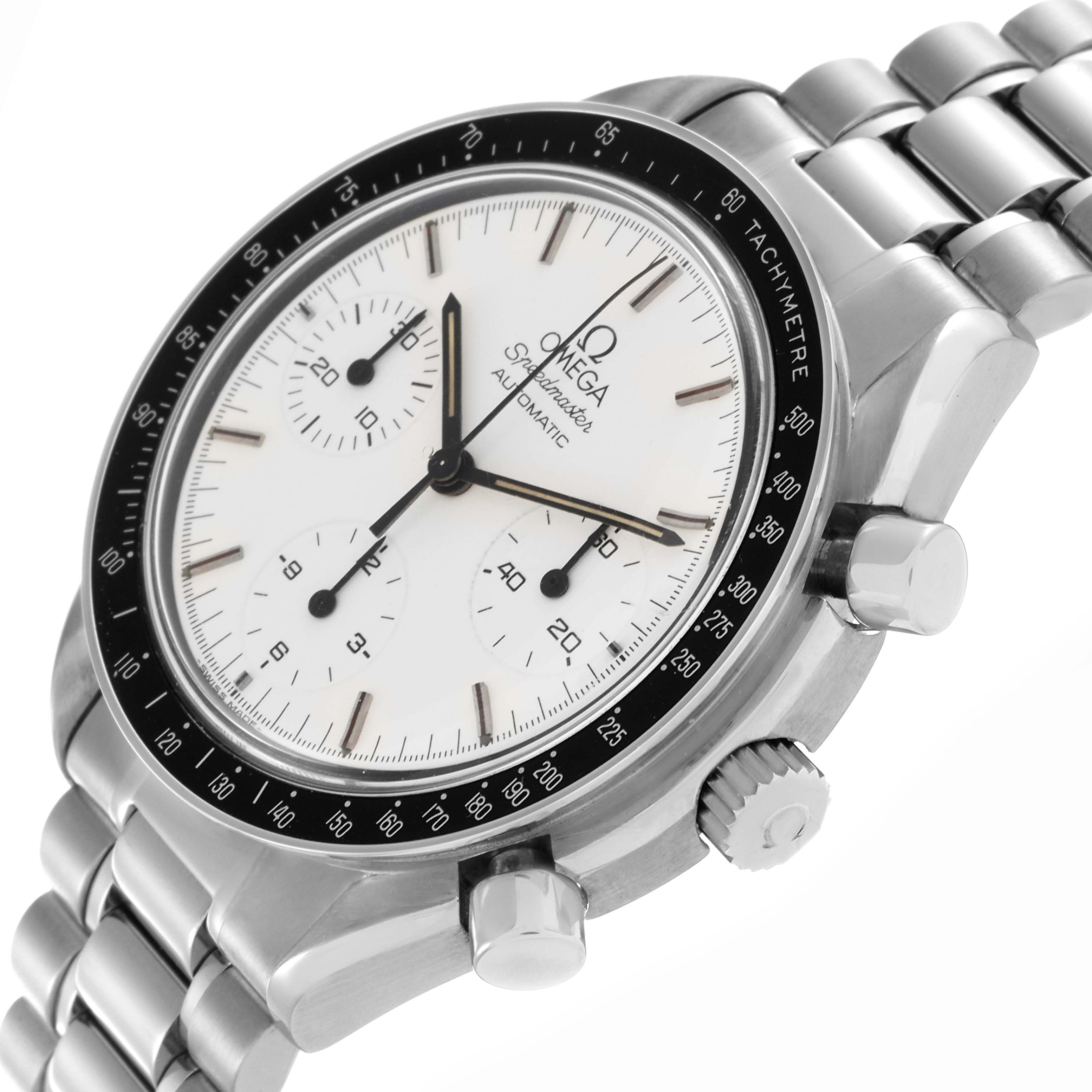 The image shows an angled view of the Omega Speedmaster 3510.20.00 Men's Stainless Steel White Dial 3510.20.00 Men's Stainless Steel White Dial watch, highlighting the dial, bezel, and bracelet.