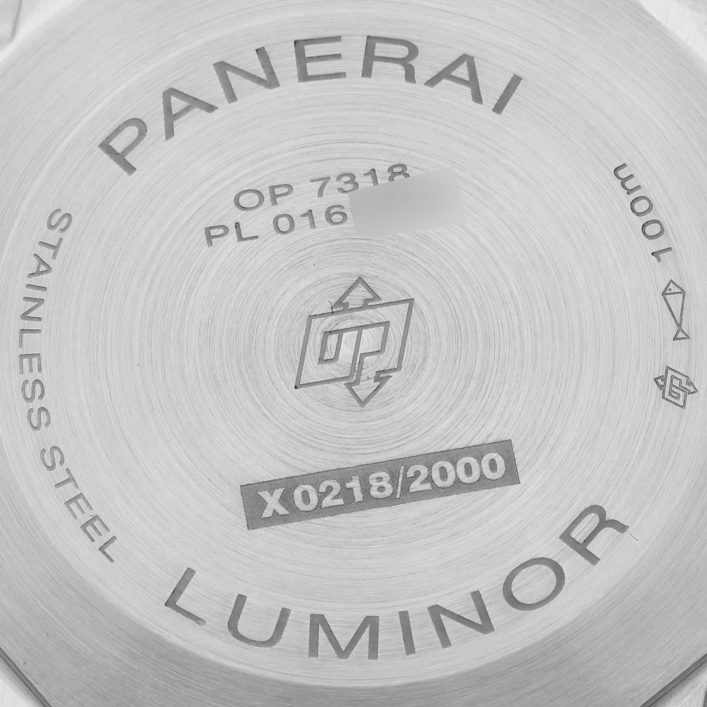 The image shows the back of a Panerai Luminor PAM01109 Men
s Stainless Steel Black Dial PAM01109 Men
s Stainless Steel Black Dial watch, highlighting engravings and model details.