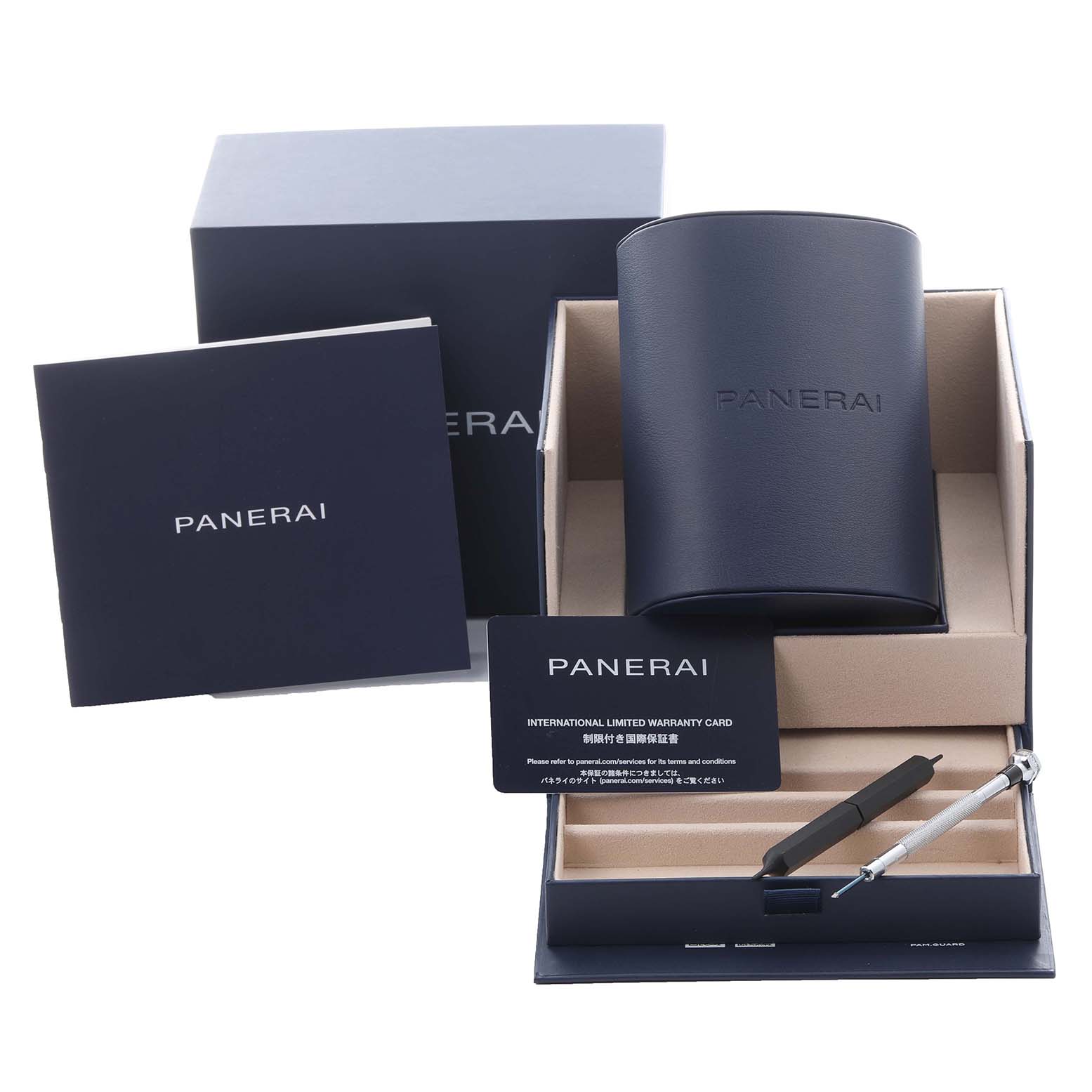 The image shows the packaging and accessories for a Panerai Luminor PAM01109 Men
s Stainless Steel Black Dial PAM01109 Men
s Stainless Steel Black Dial model, including a storage case, warranty card, and tool.