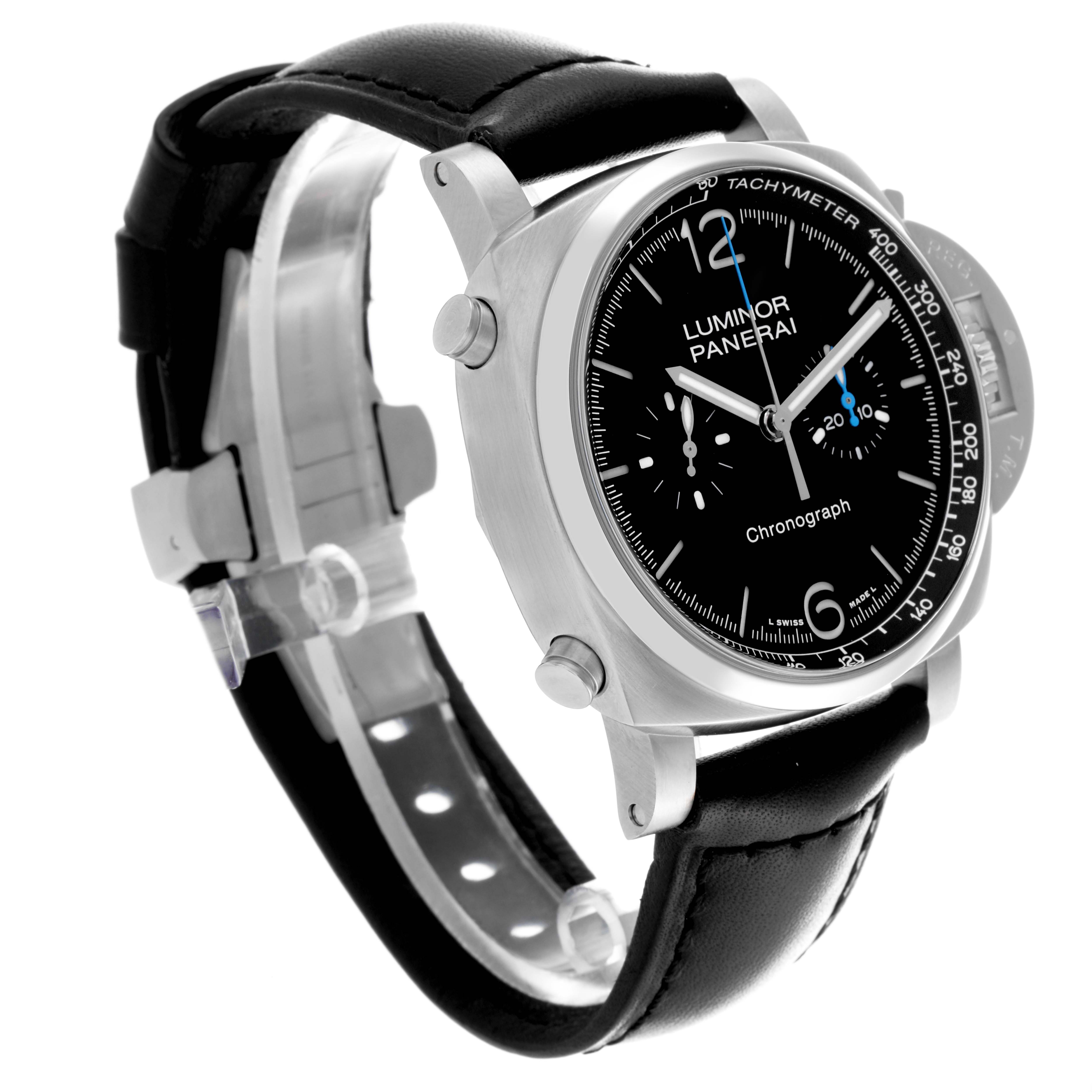 The image shows a Panerai Luminor PAM01109 Men
s Stainless Steel Black Dial PAM01109 Men
s Stainless Steel Black Dial watch at a slight side angle, highlighting the black dial, leather strap, and stainless steel case.