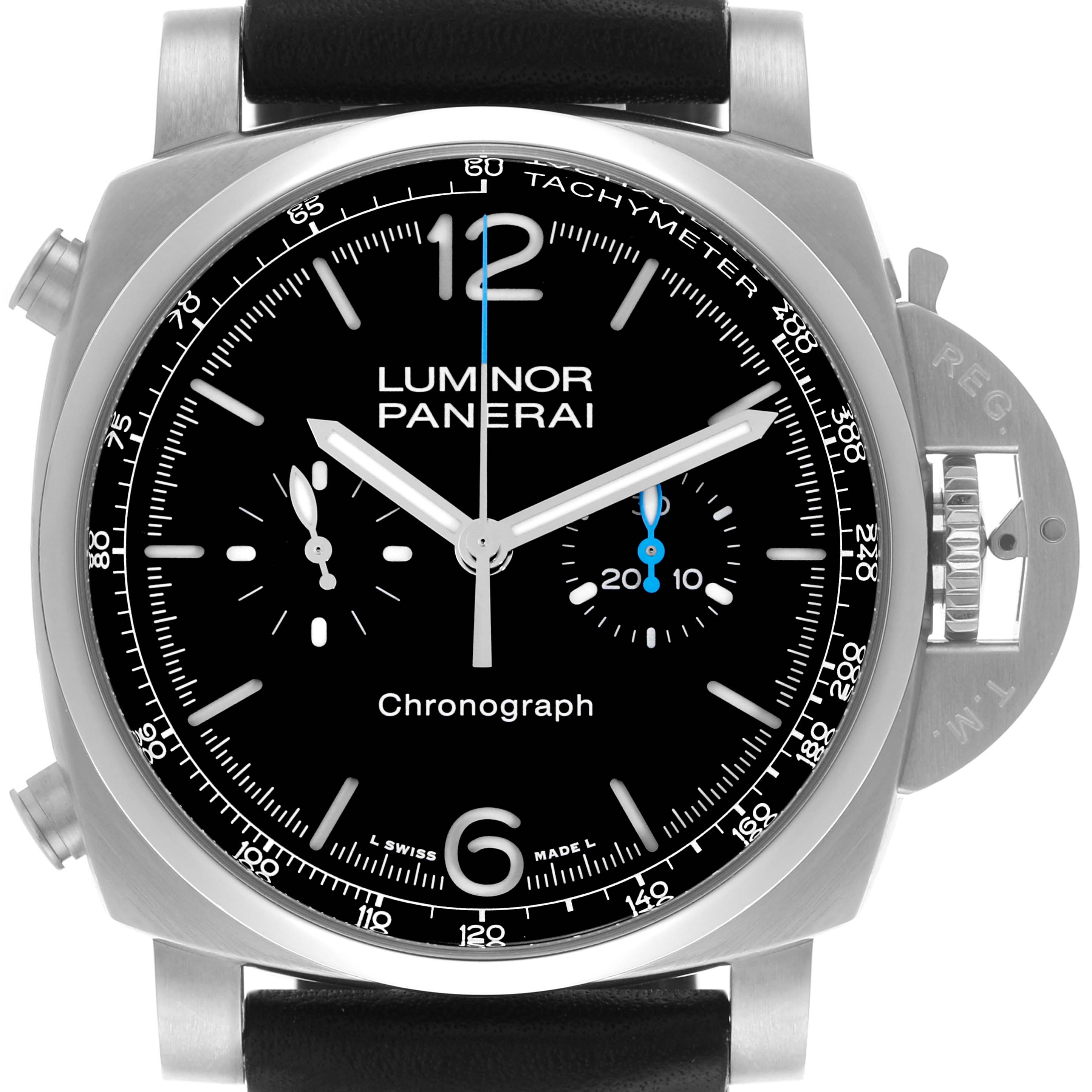 The Panerai Luminor PAM01109 Men
s Stainless Steel Black Dial PAM01109 Men
s Stainless Steel Black Dial watch is shown from a front angle displaying the dial, bezel, crown guard, and part of the strap.