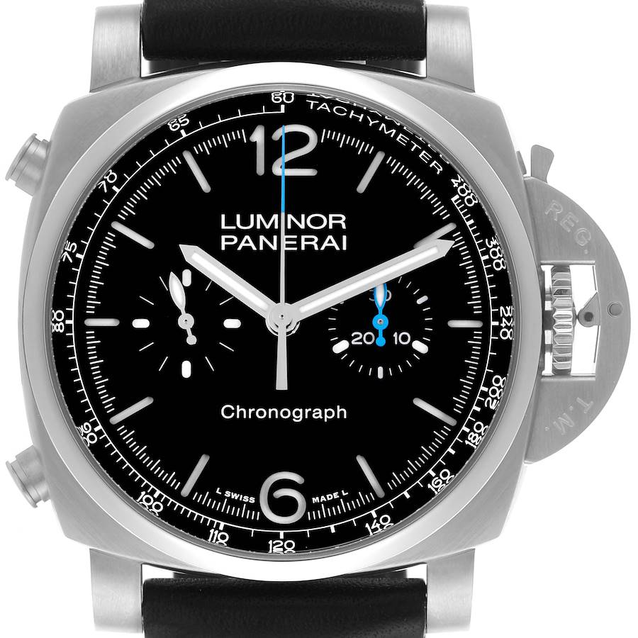 The Panerai Luminor watch is shown from a front angle displaying the dial, bezel, crown guard, and part of the strap.