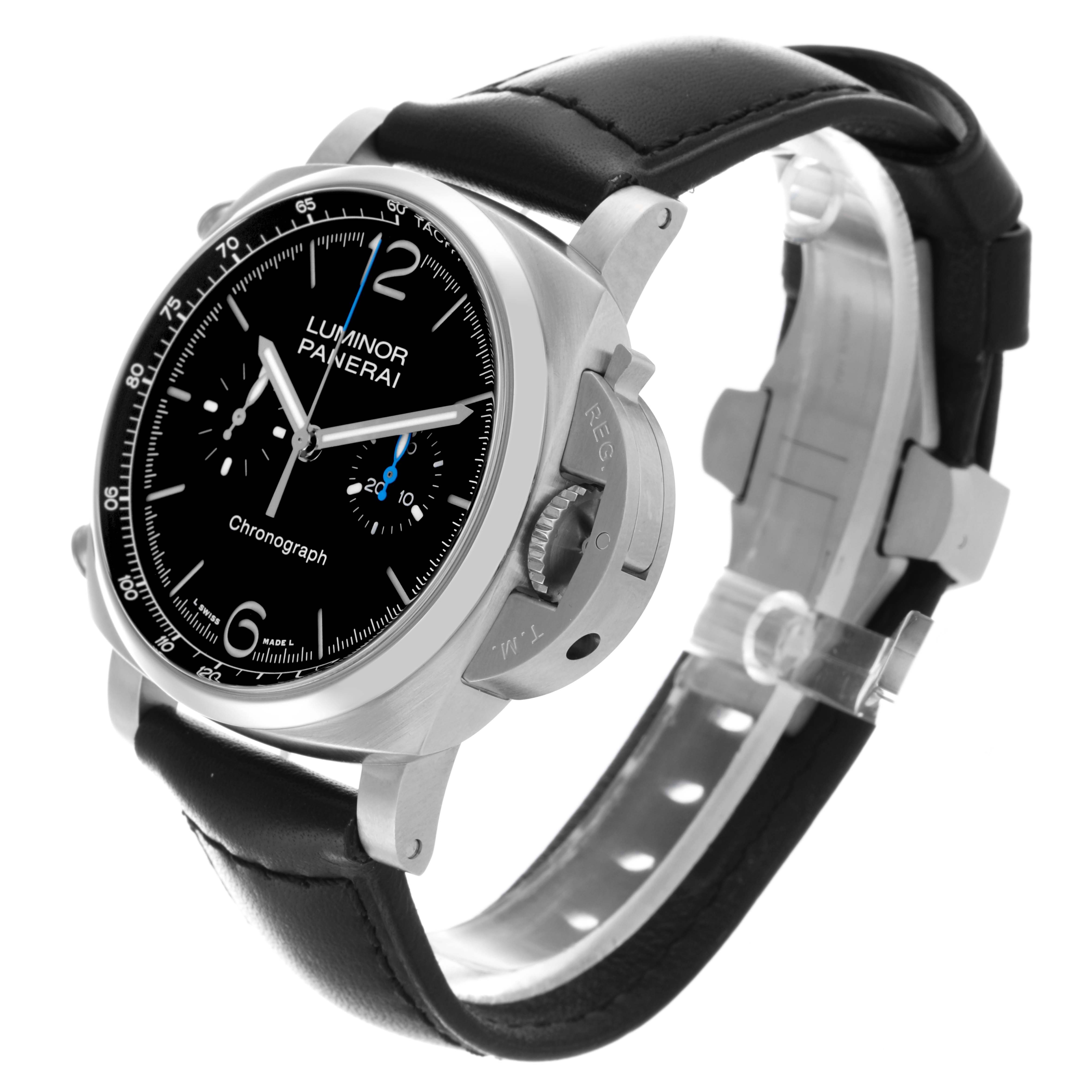 The Panerai Luminor PAM01109 Men
s Stainless Steel Black Dial PAM01109 Men
s Stainless Steel Black Dial watch is shown from a front-side angle, highlighting the dial, case, crown guard, and leather strap.