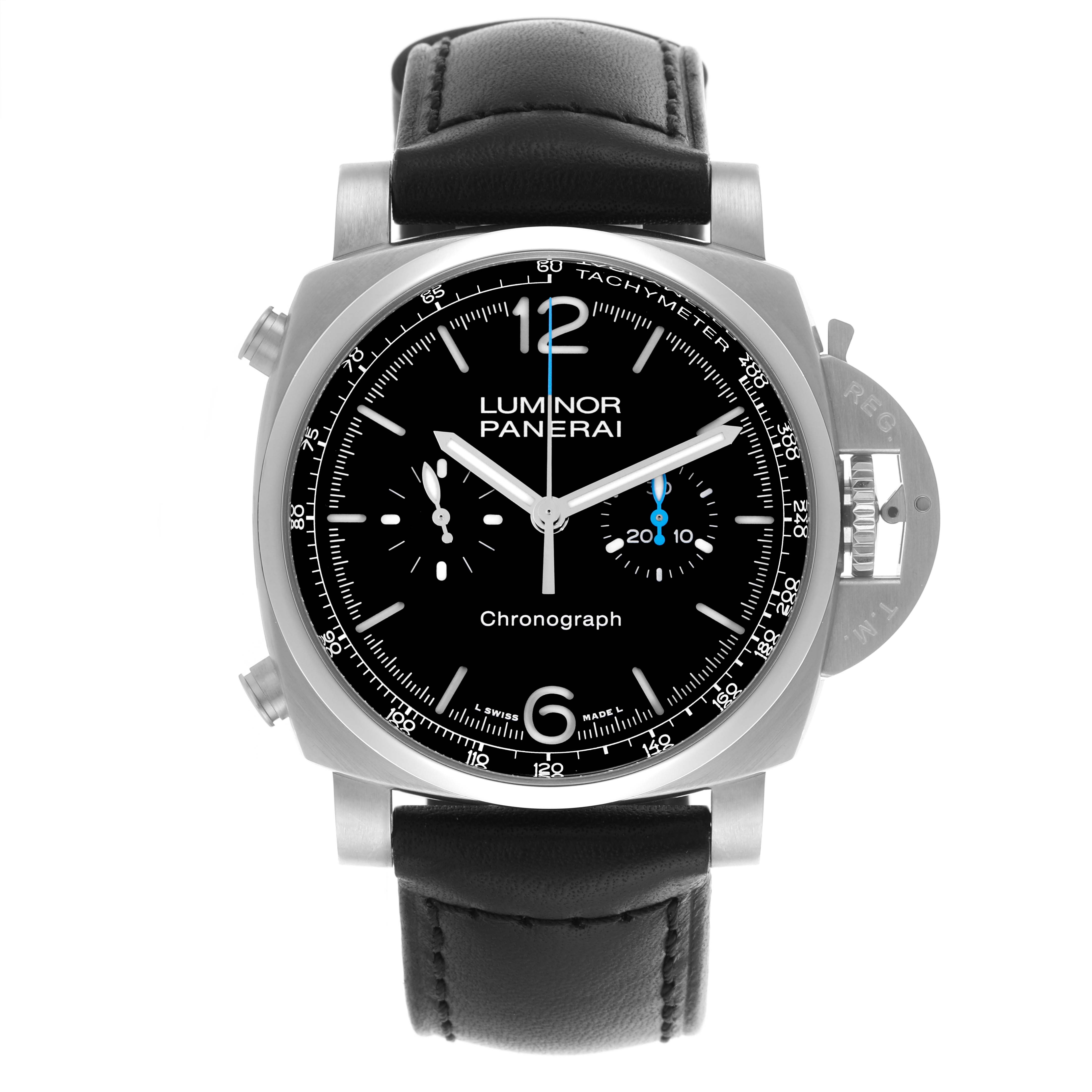 The Panerai Luminor PAM01109 Men
s Stainless Steel Black Dial PAM01109 Men
s Stainless Steel Black Dial model is shown from the front, highlighting the dial, subdials, bezel, crown guard, and leather strap.