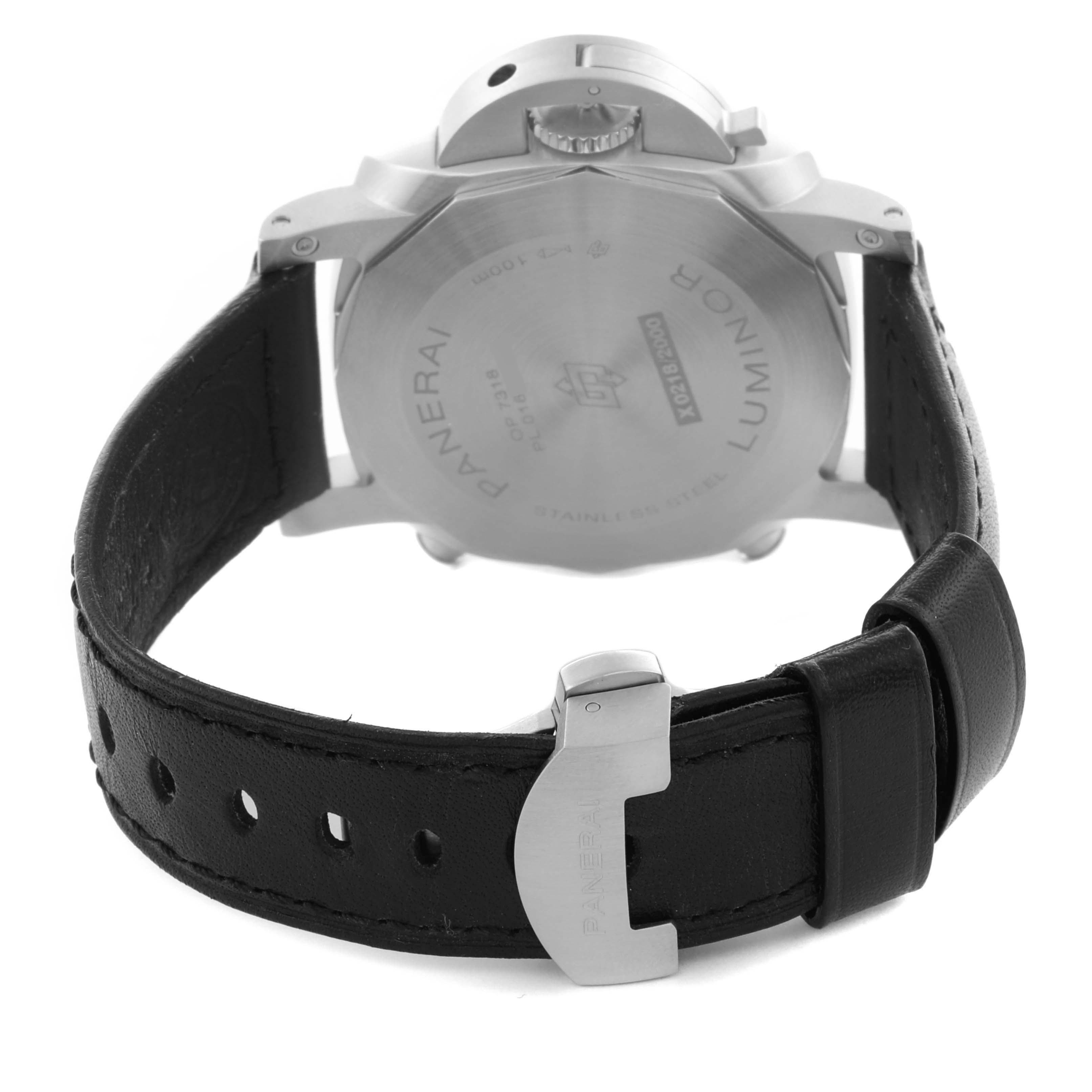 The image shows the back of the Panerai Luminor PAM01109 Men
s Stainless Steel Black Dial PAM01109 Men
s Stainless Steel Black Dial watch with its leather strap and clasp visible.