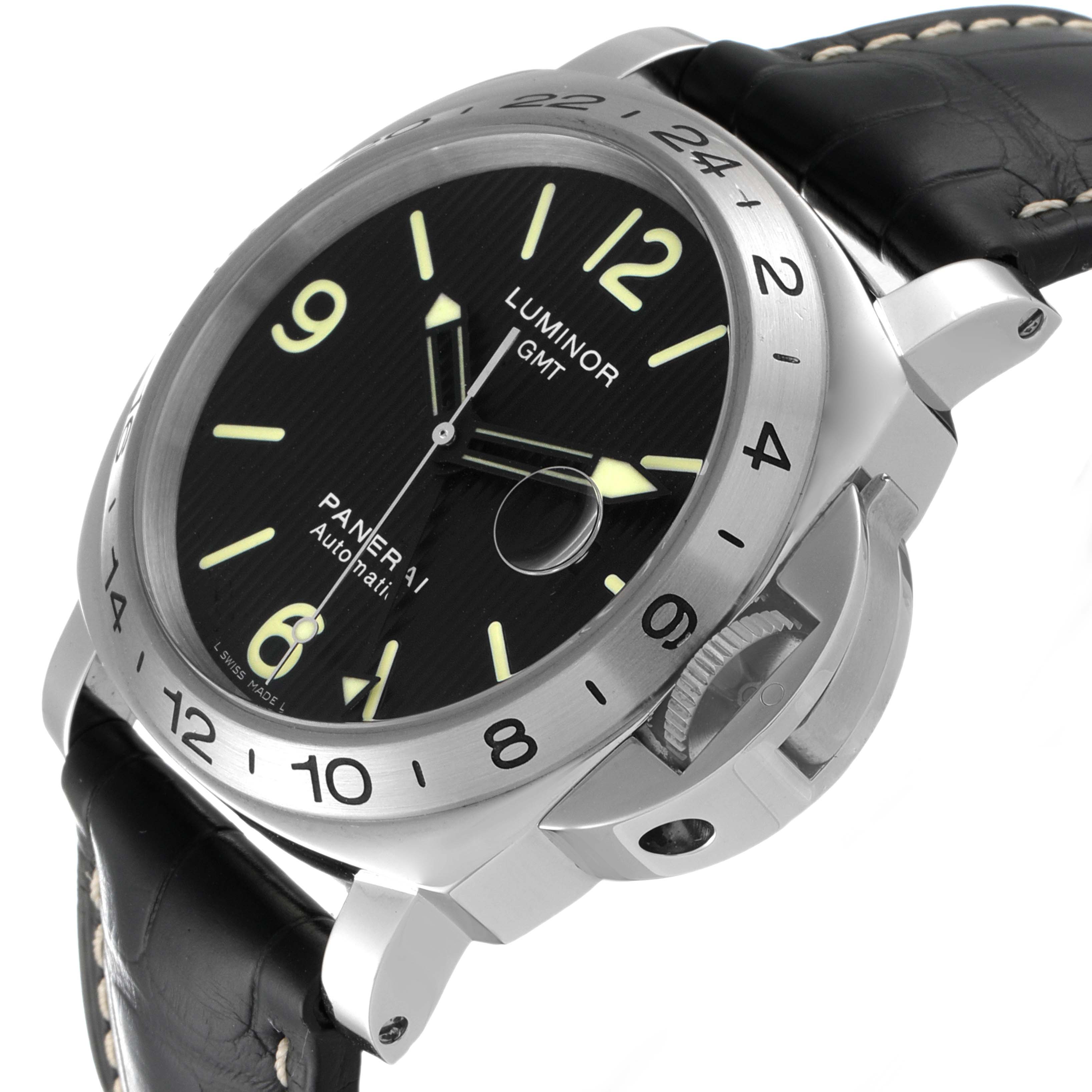 The image shows an angled view of a Panerai Luminor PAM00029 Men
s Stainless Steel Black Dial PAM00029 Men
s Stainless Steel Black Dial watch, highlighting the dial, crown, and part of the strap.