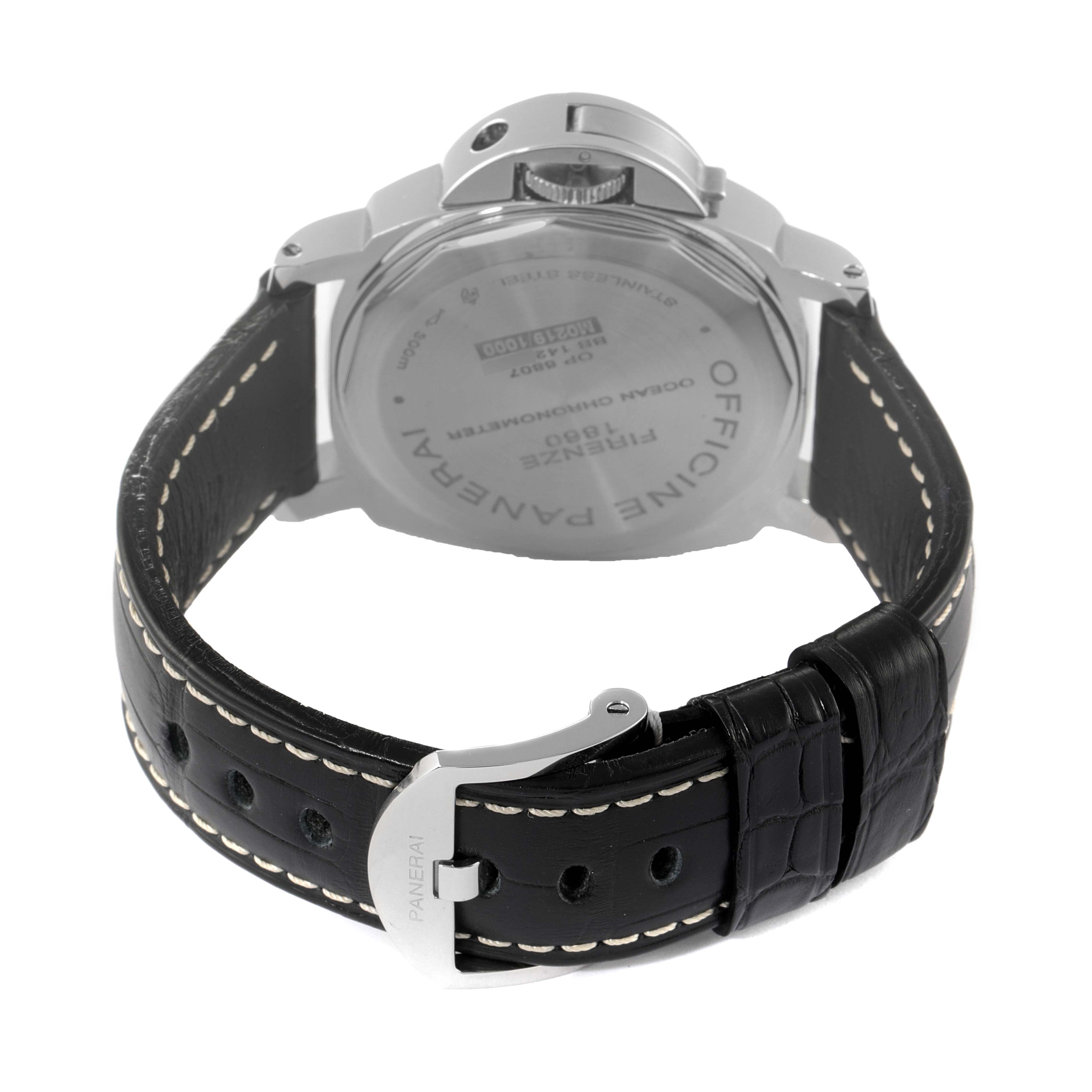 The image shows the back and strap of a Panerai Luminor PAM00029 Men
s Stainless Steel Black Dial PAM00029 Men
s Stainless Steel Black Dial watch, highlighting the case back and buckle.