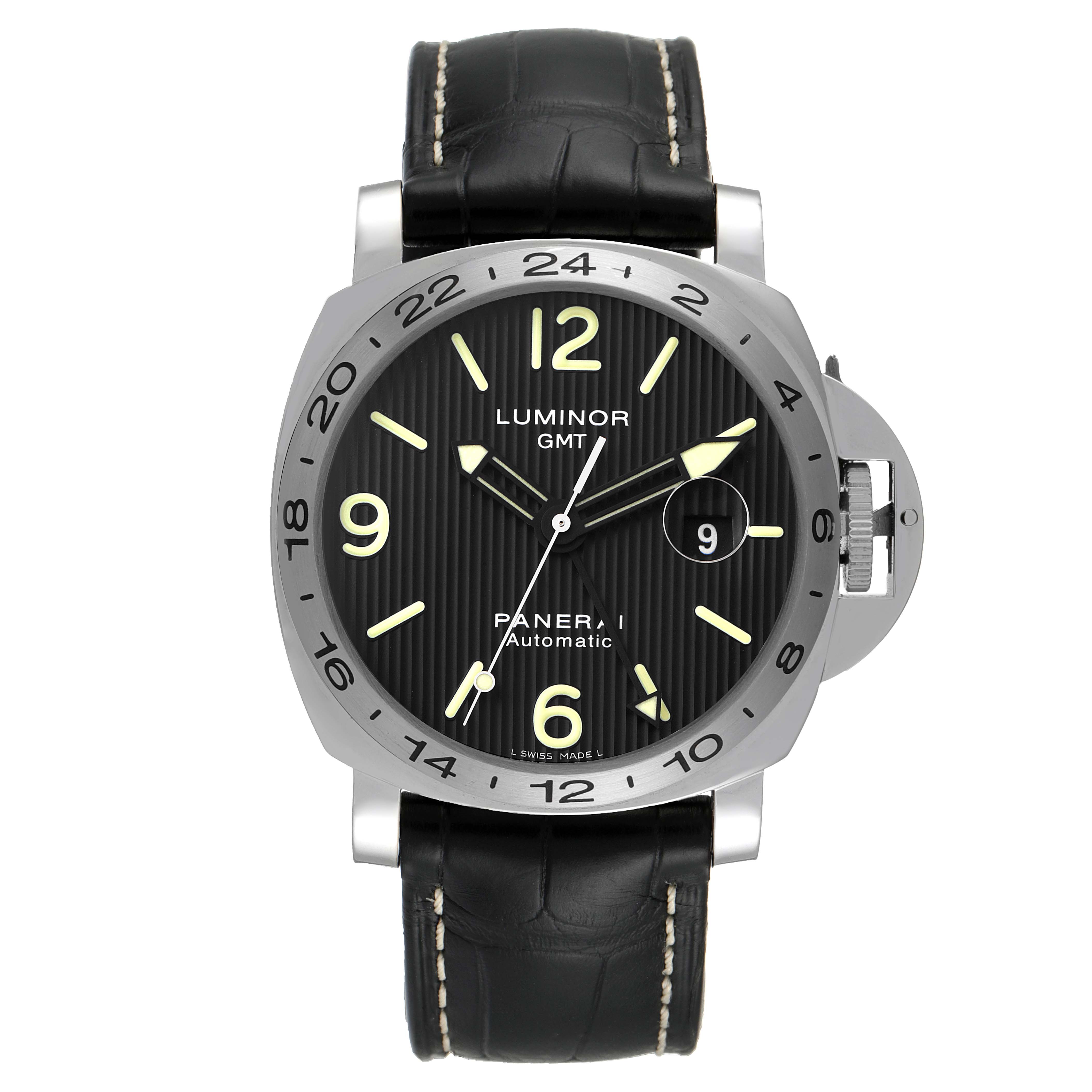 This image shows a front view of the Panerai Luminor PAM00029 Men
s Stainless Steel Black Dial PAM00029 Men
s Stainless Steel Black Dial GMT watch, featuring its black dial, bezel, and leather strap.
