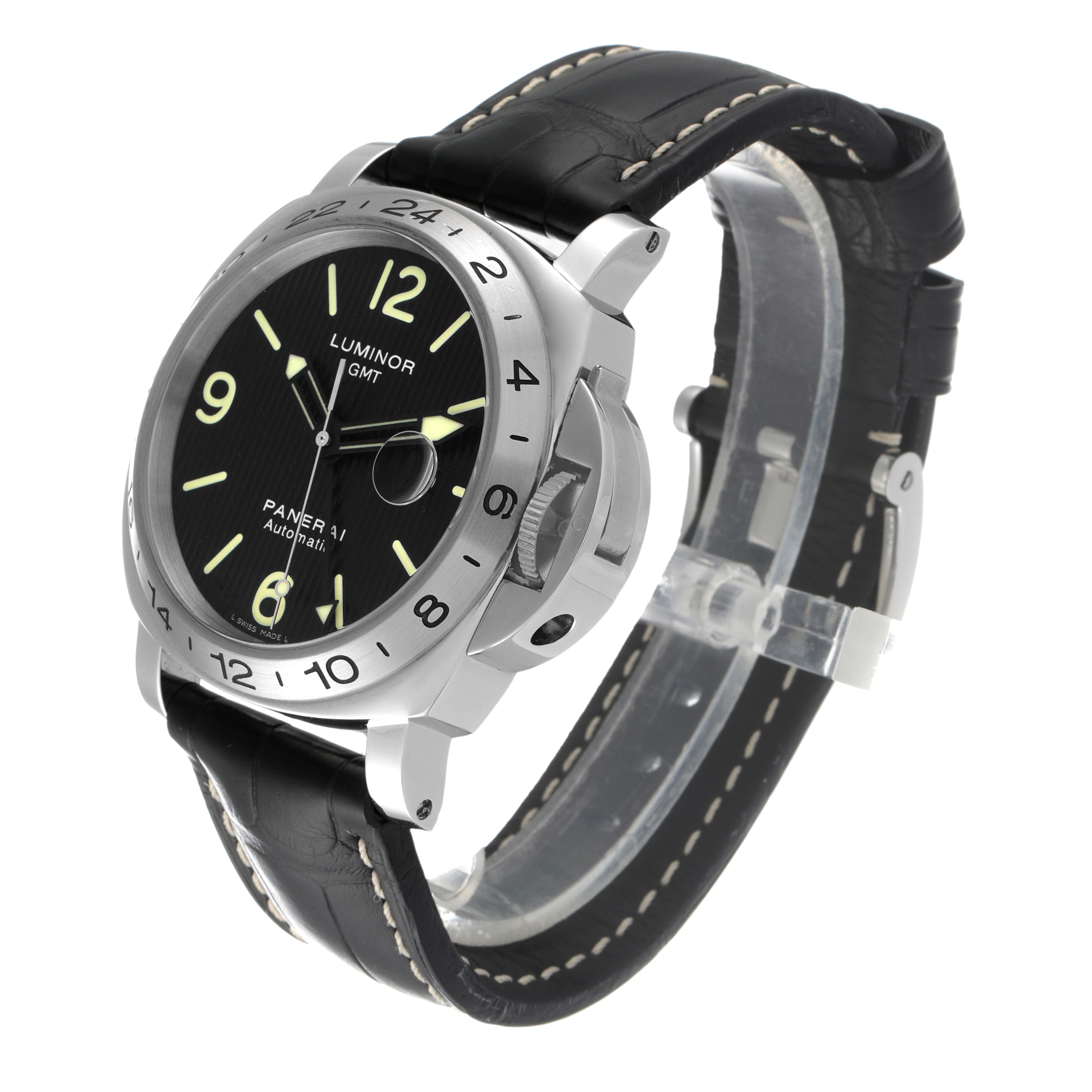 The image shows a Panerai Luminor PAM00029 Men
s Stainless Steel Black Dial PAM00029 Men
s Stainless Steel Black Dial GMT watch at a three-quarter angle, highlighting its face, bezel, crown guard, and leather strap.