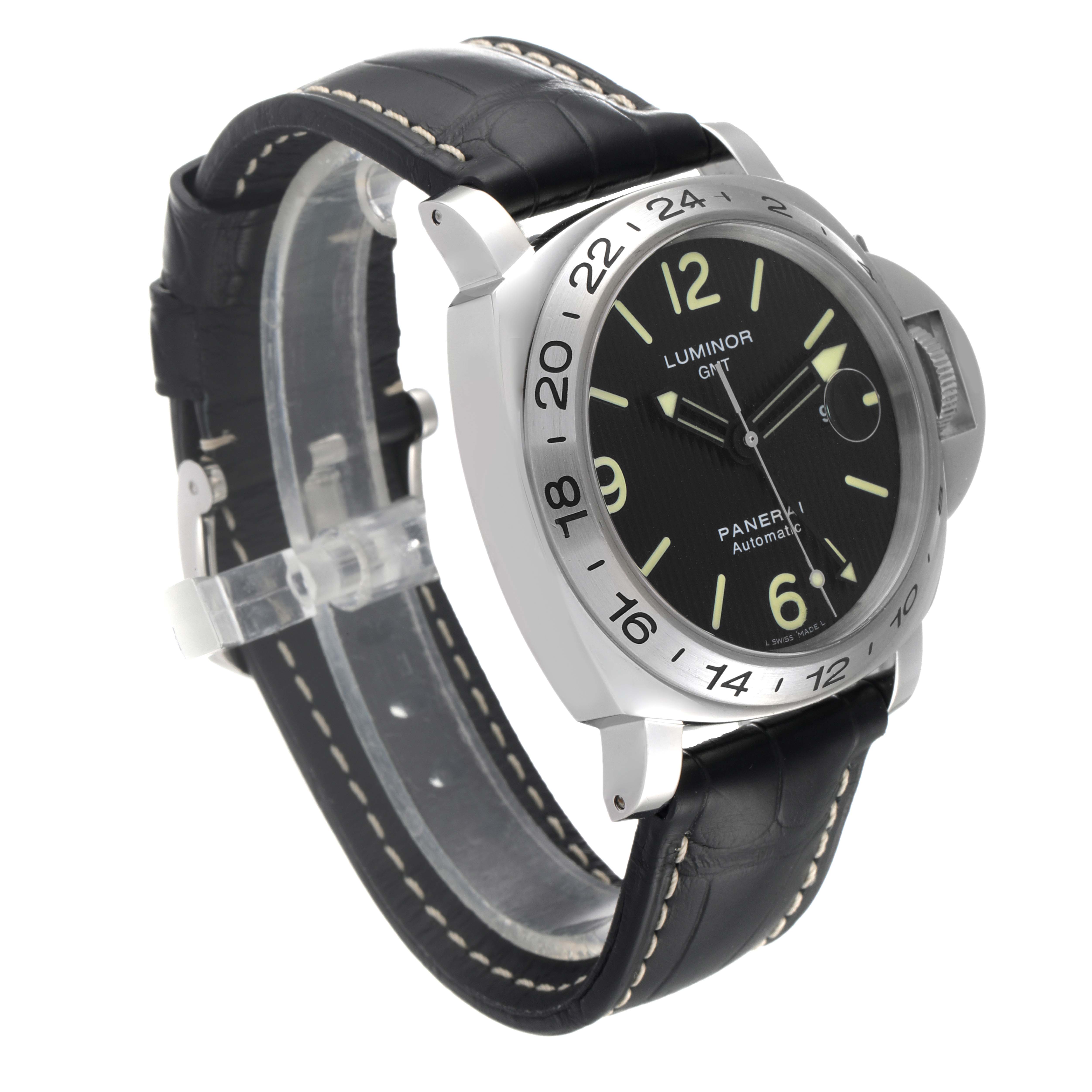 The Panerai Luminor PAM00029 Men
s Stainless Steel Black Dial PAM00029 Men
s Stainless Steel Black Dial watch is shown at an angle revealing the face, bezel, and leather strap.