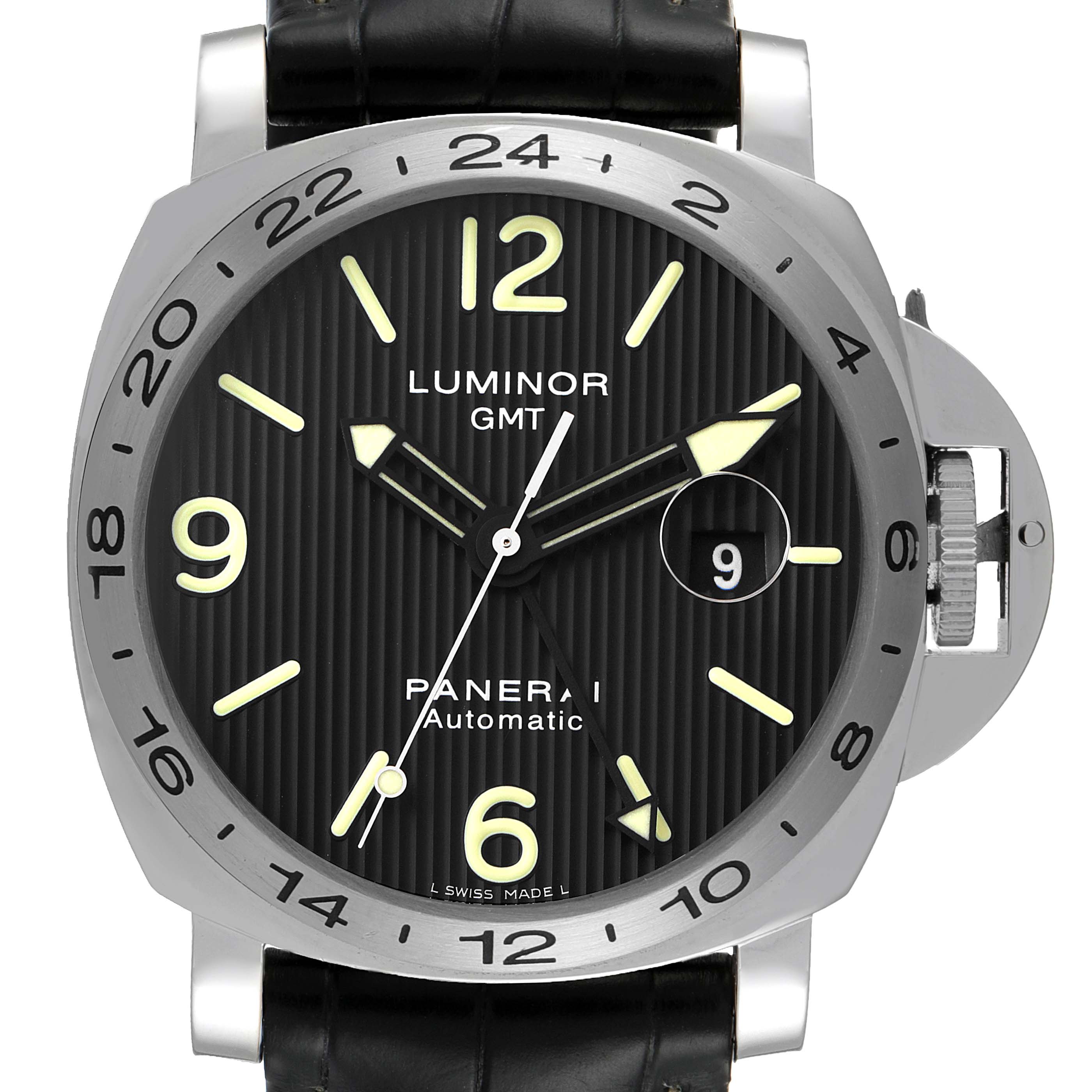 The Panerai Luminor PAM00029 Men
s Stainless Steel Black Dial PAM00029 Men
s Stainless Steel Black Dial watch is shown from a front angle, displaying the dial, bezel, and part of the strap.