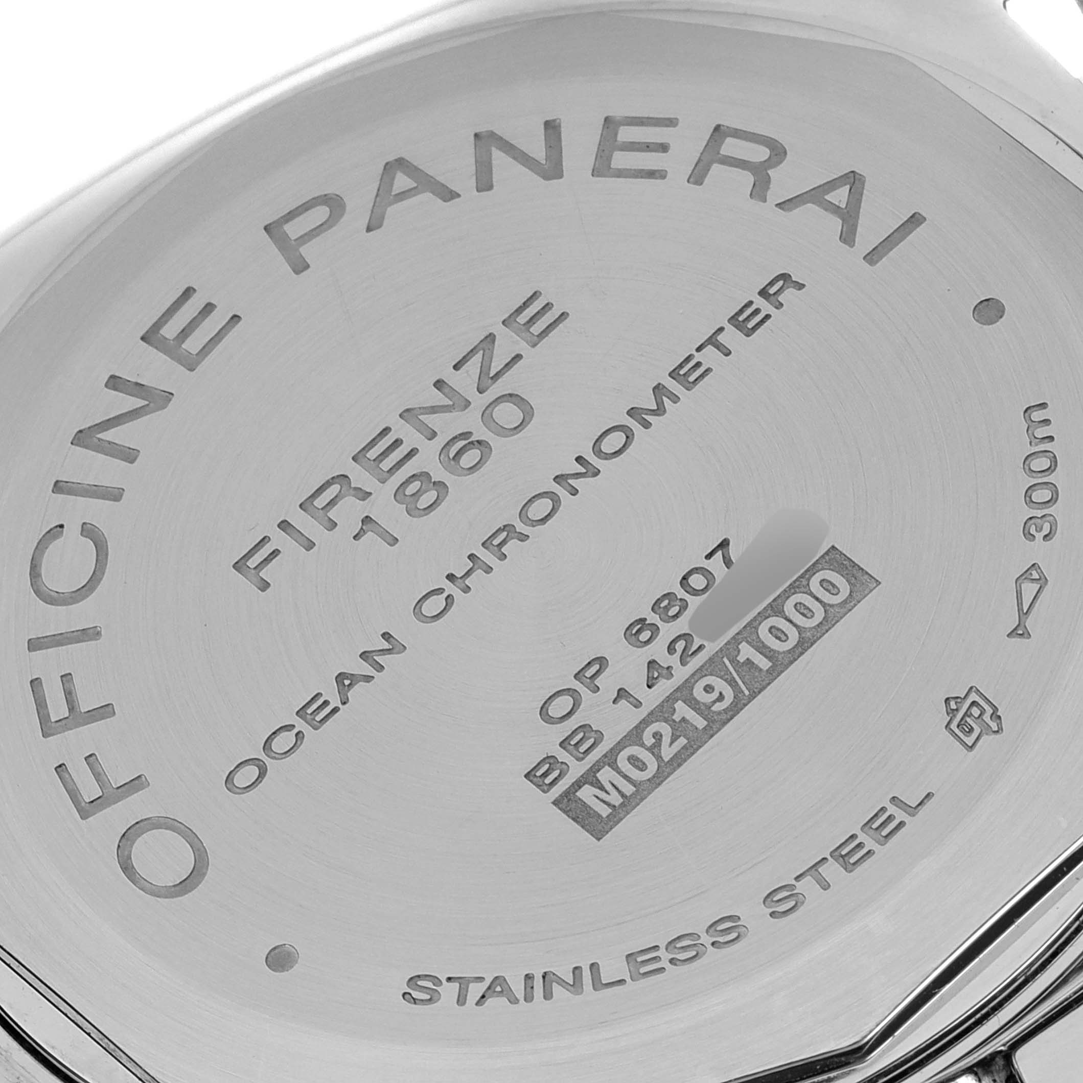 This image shows the case back of a Panerai Luminor PAM00029 Men
s Stainless Steel Black Dial PAM00029 Men
s Stainless Steel Black Dial watch, displaying inscriptions and serial numbers.