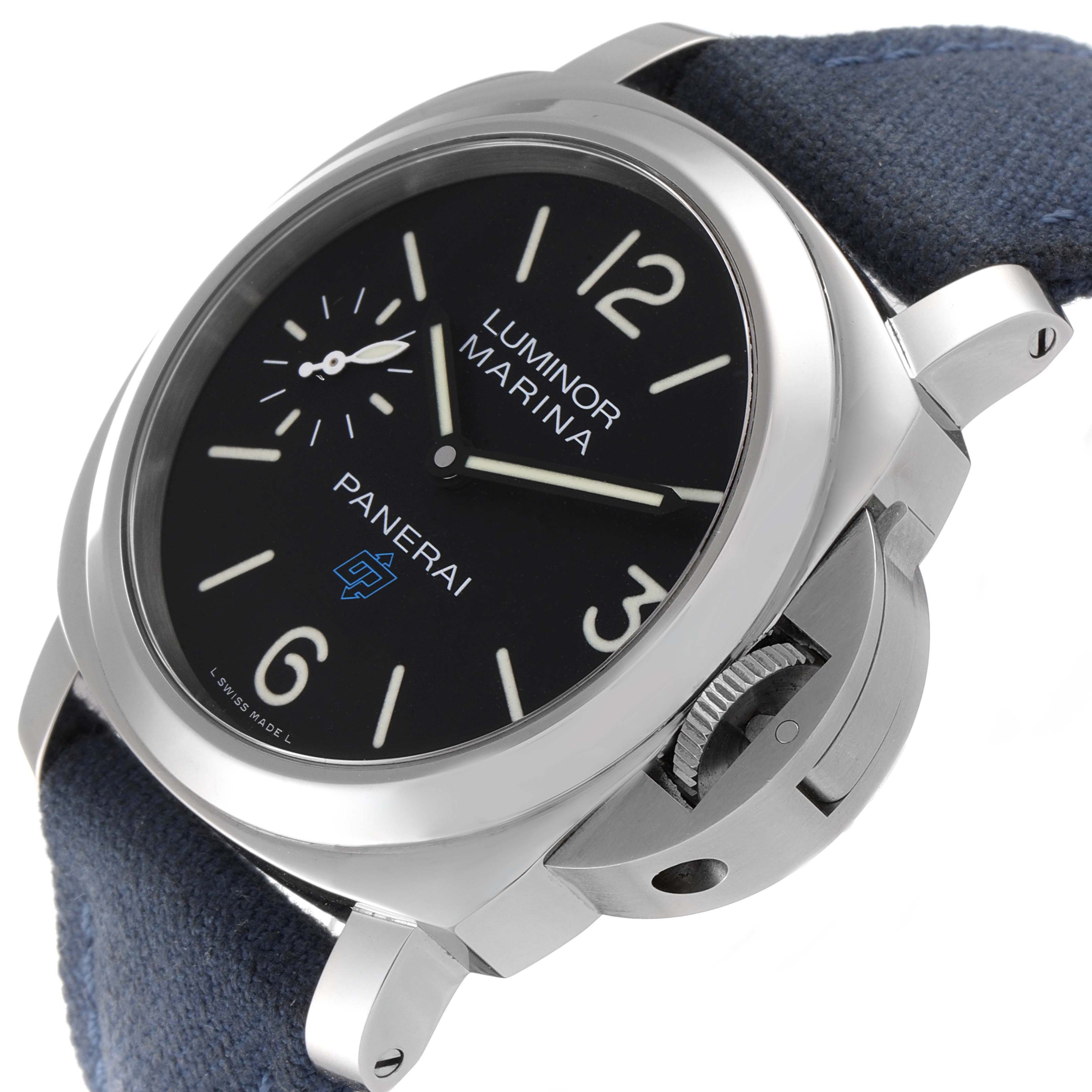 The Panerai Luminor PAM00777 Men
s Stainless Steel Black Dial PAM00777 Men
s Stainless Steel Black Dial Marina is shown at a slight angle displaying the dial, crown guard, and part of the strap.
