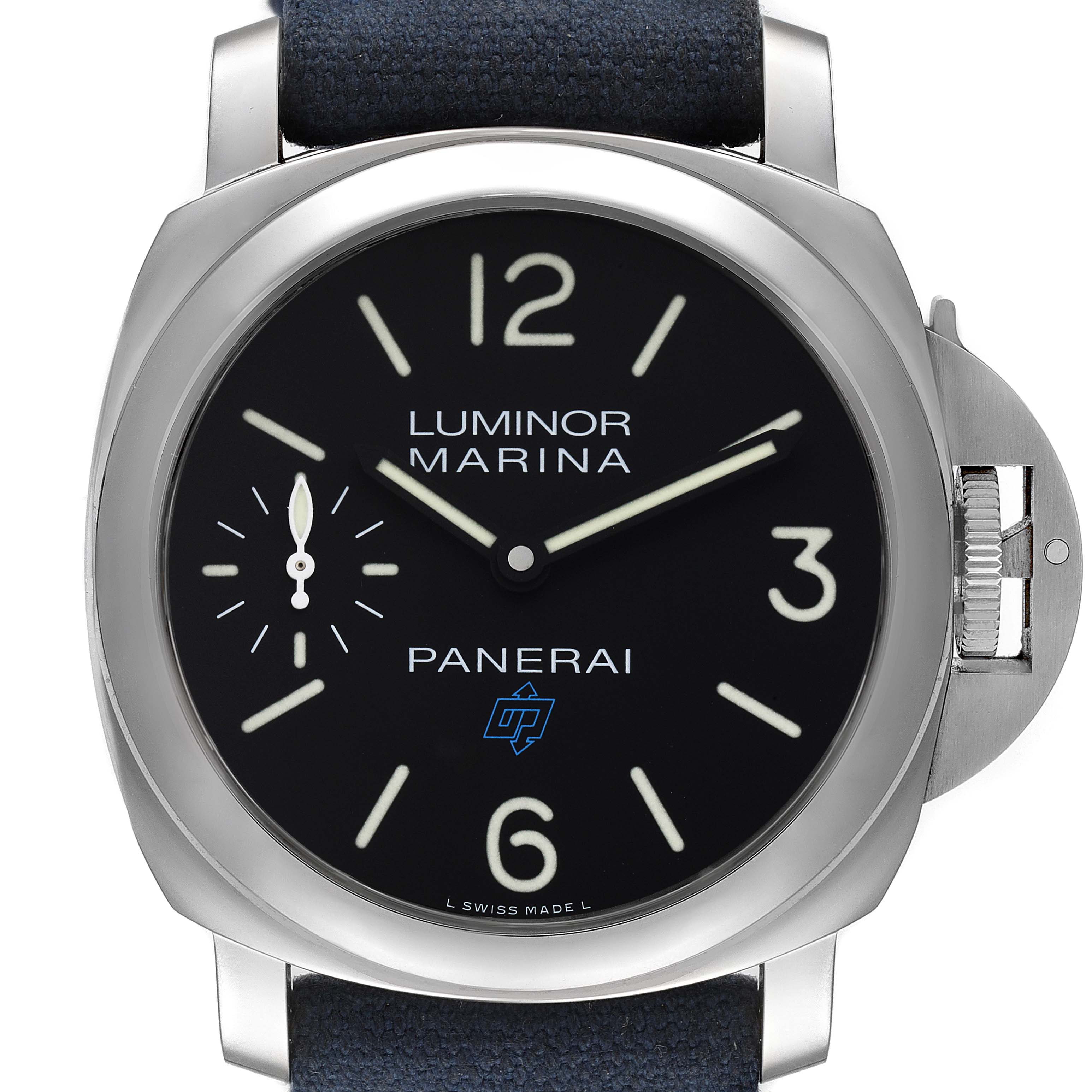 The image shows a front view of the Panerai Luminor PAM00777 Men
s Stainless Steel Black Dial PAM00777 Men
s Stainless Steel Black Dial Marina watch, highlighting the dial, case, and crown protector.