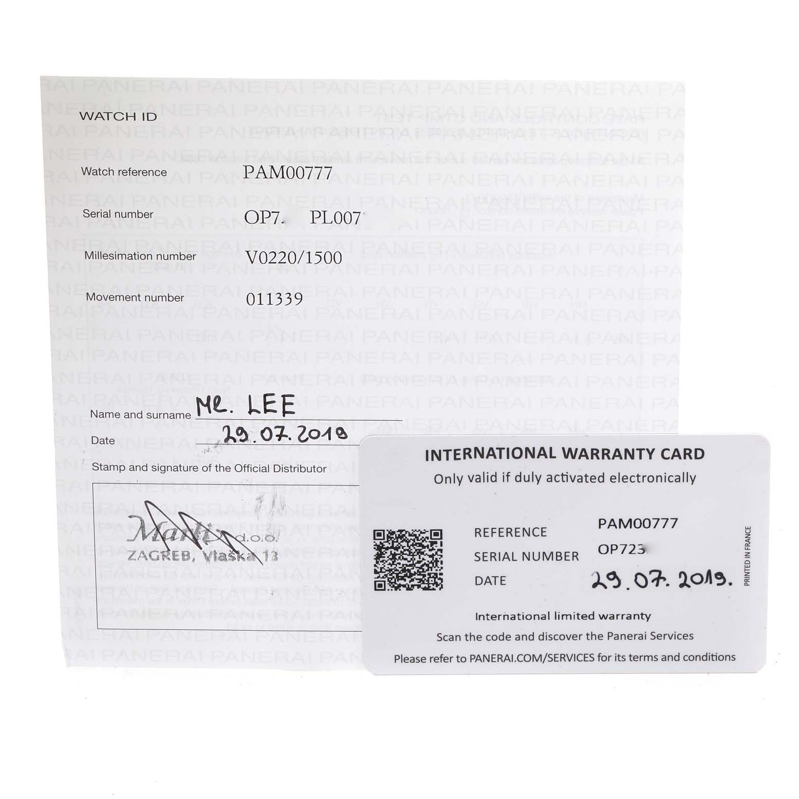 The image shows the warranty documents and registration cards for a Panerai Luminor PAM00777 Men
s Stainless Steel Black Dial PAM00777 Men
s Stainless Steel Black Dial Model PAM00777 watch.