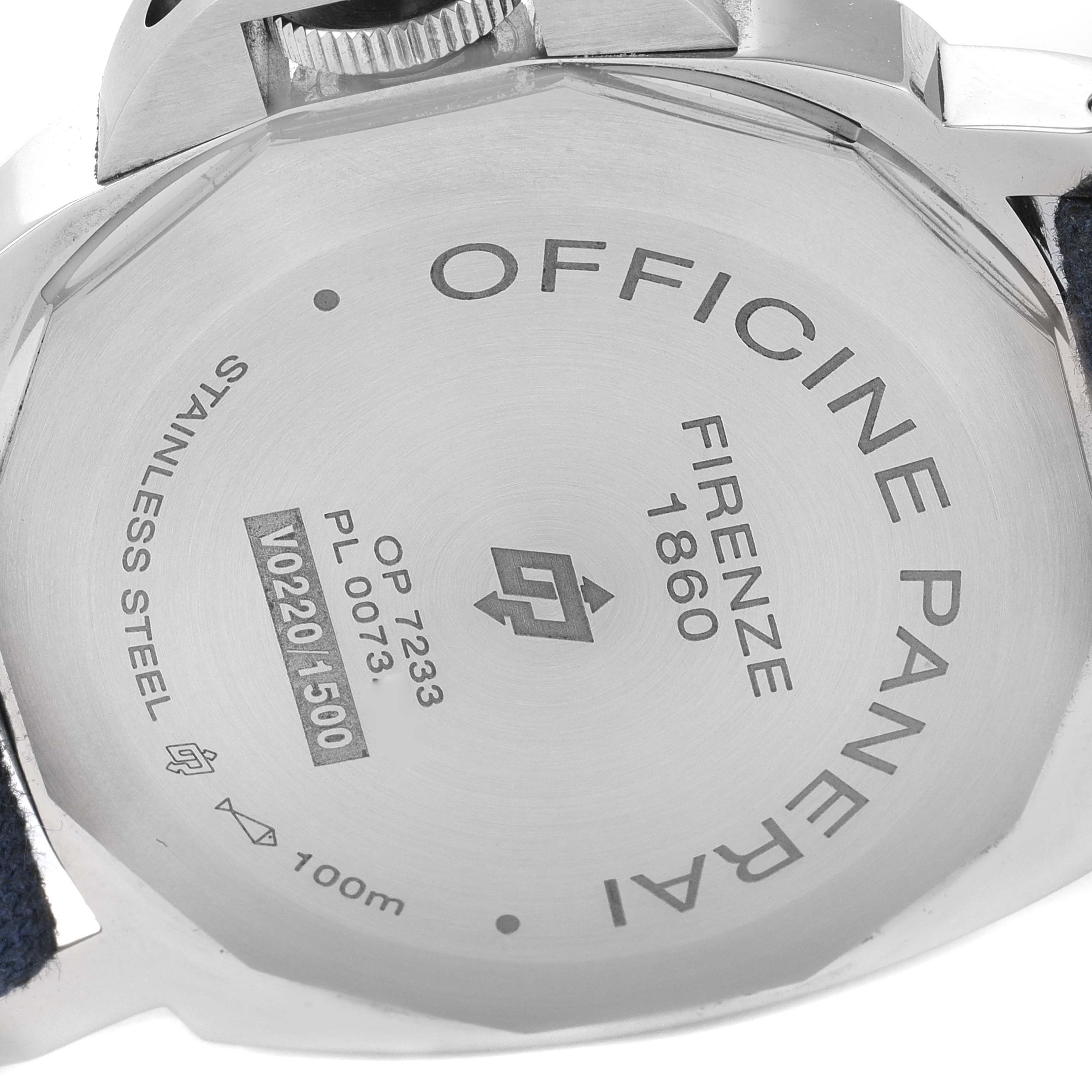 The image shows the back of a Panerai Luminor PAM00777 Men
s Stainless Steel Black Dial PAM00777 Men
s Stainless Steel Black Dial watch, including engravings and model details.