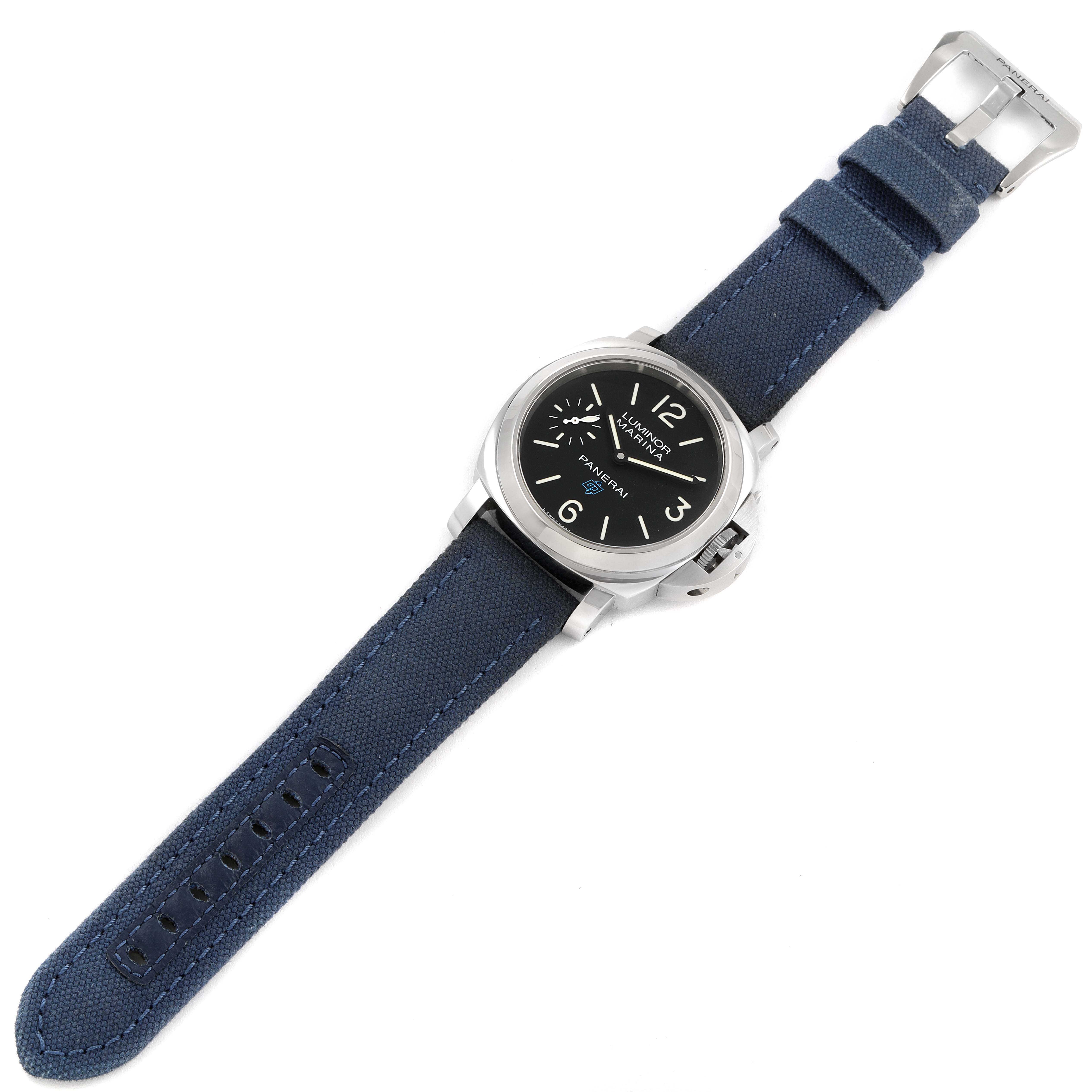 The image shows a top view of a Panerai Luminor PAM00777 Men
s Stainless Steel Black Dial PAM00777 Men
s Stainless Steel Black Dial watch with a blue strap and stainless steel case.