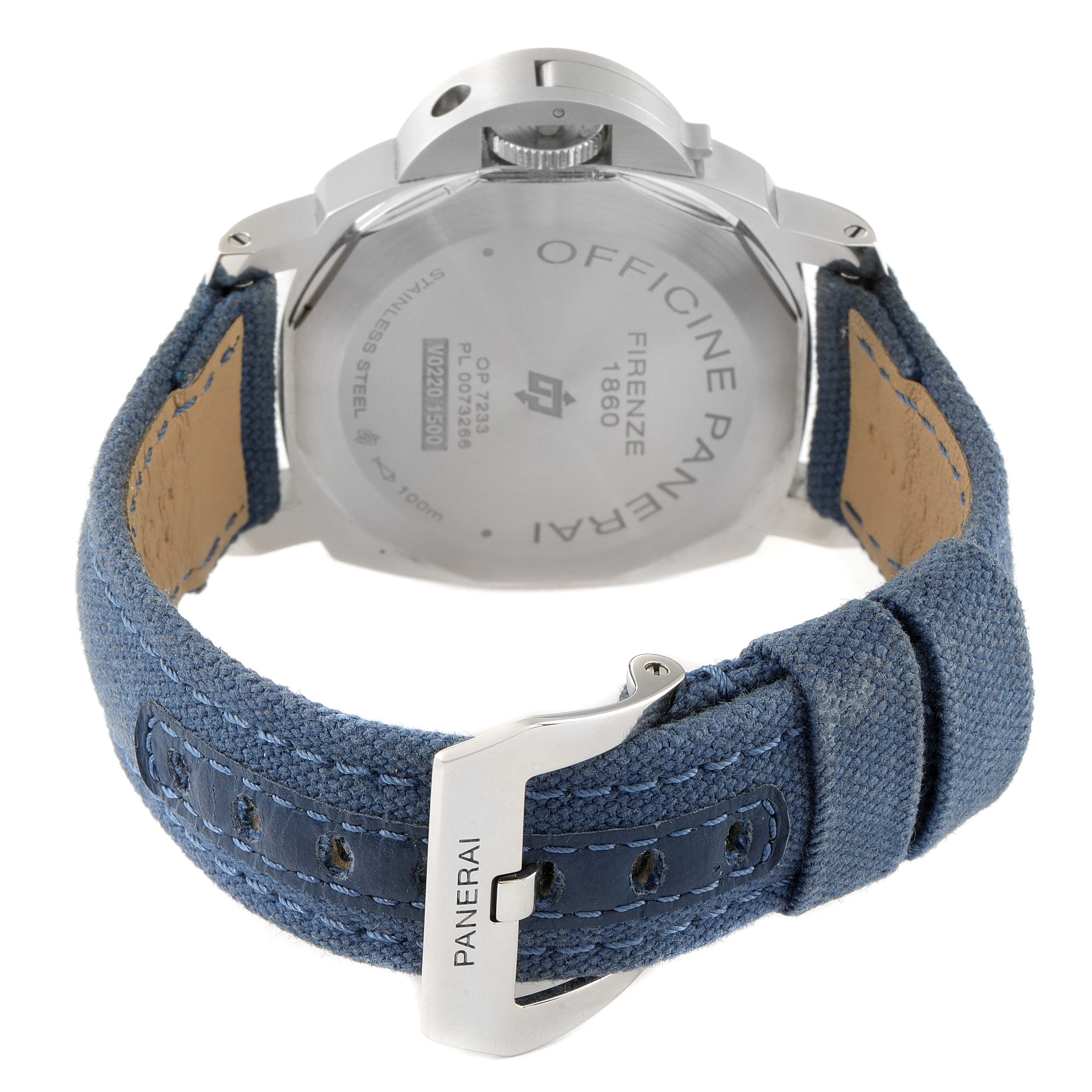 The image shows the back and strap of a Panerai Luminor PAM00777 Men
s Stainless Steel Black Dial PAM00777 Men
s Stainless Steel Black Dial watch, emphasizing the case back, crown, and blue strap with a Panerai-branded clasp.