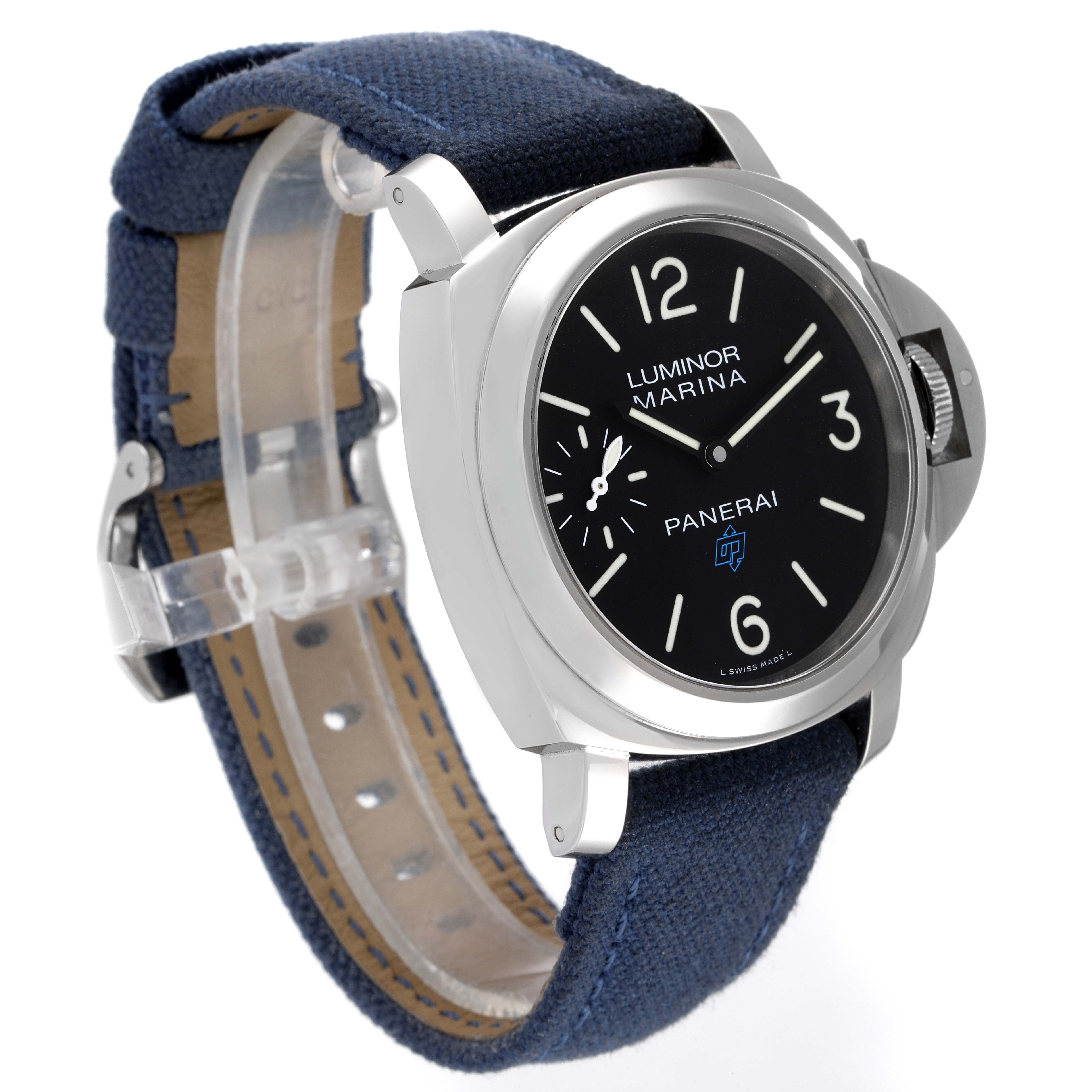 The image shows a side angle of a Panerai Luminor PAM00777 Men
s Stainless Steel Black Dial PAM00777 Men
s Stainless Steel Black Dial watch, highlighting its face, bezel, and navy blue strap.