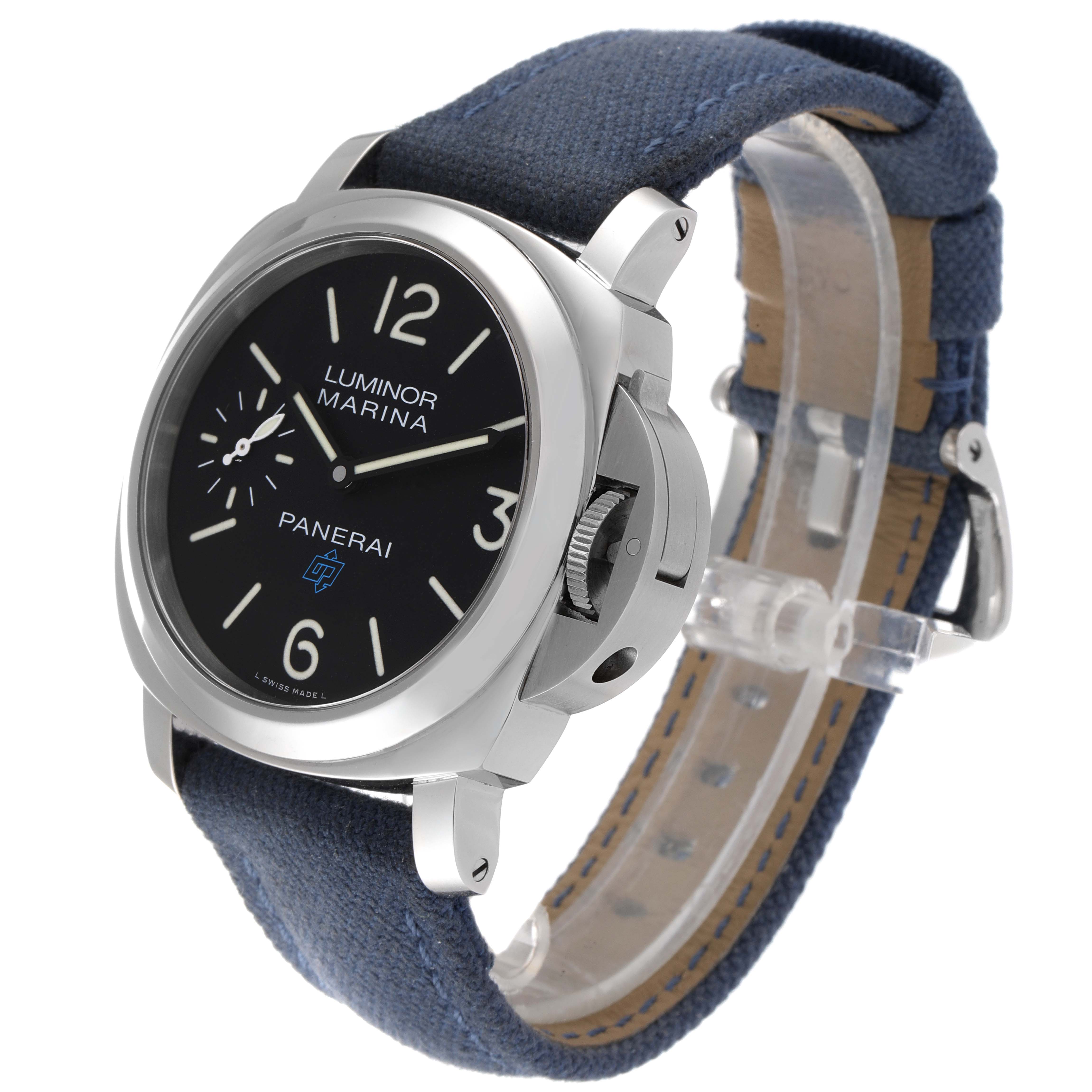 The Panerai Luminor PAM00777 Men
s Stainless Steel Black Dial PAM00777 Men
s Stainless Steel Black Dial watch is shown at a three-quarter angle highlighting its dial, case, crown protector, and blue strap.