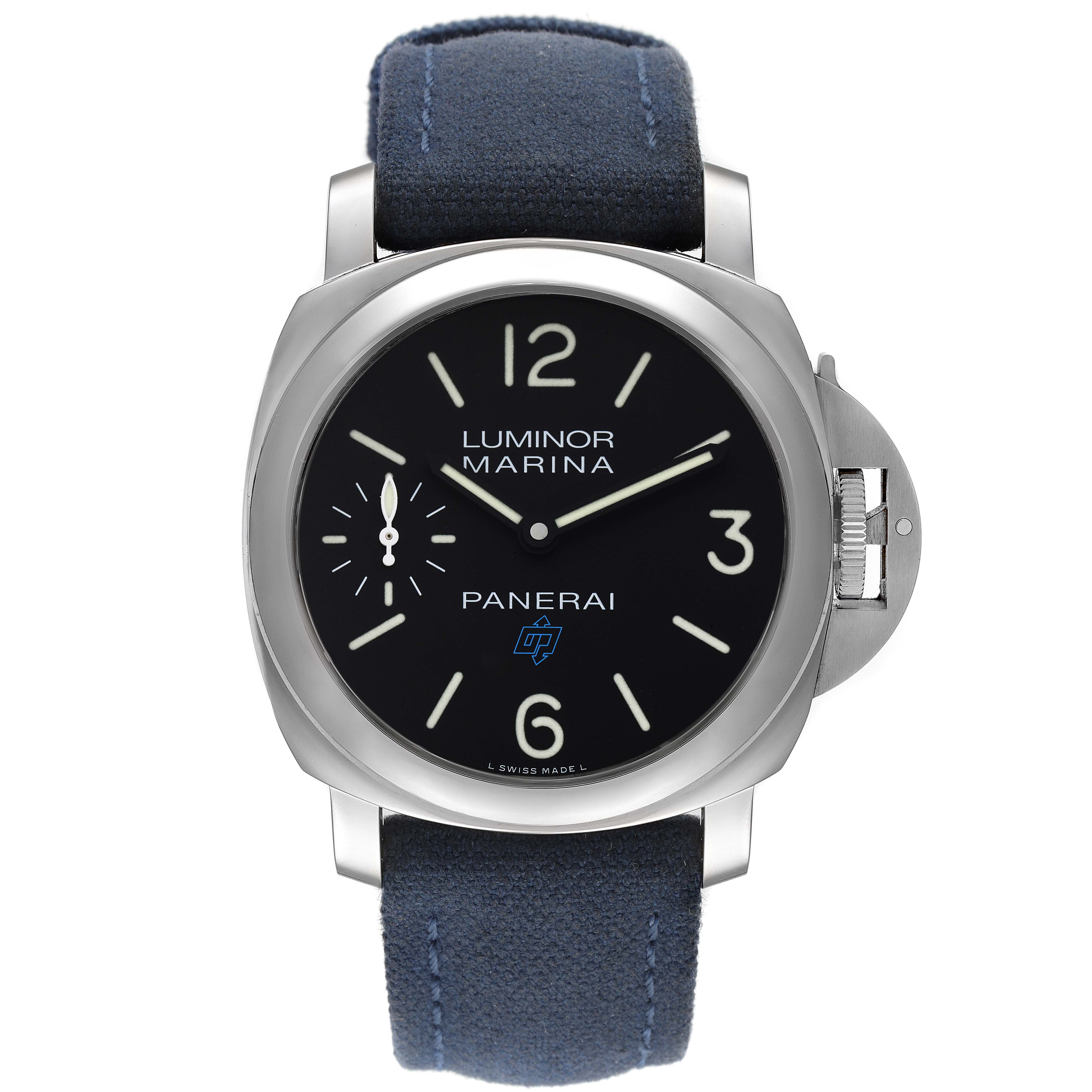 The image shows a front view of a Panerai Luminor PAM00777 Men
s Stainless Steel Black Dial PAM00777 Men
s Stainless Steel Black Dial Marina watch, highlighting its dial, case, and strap.