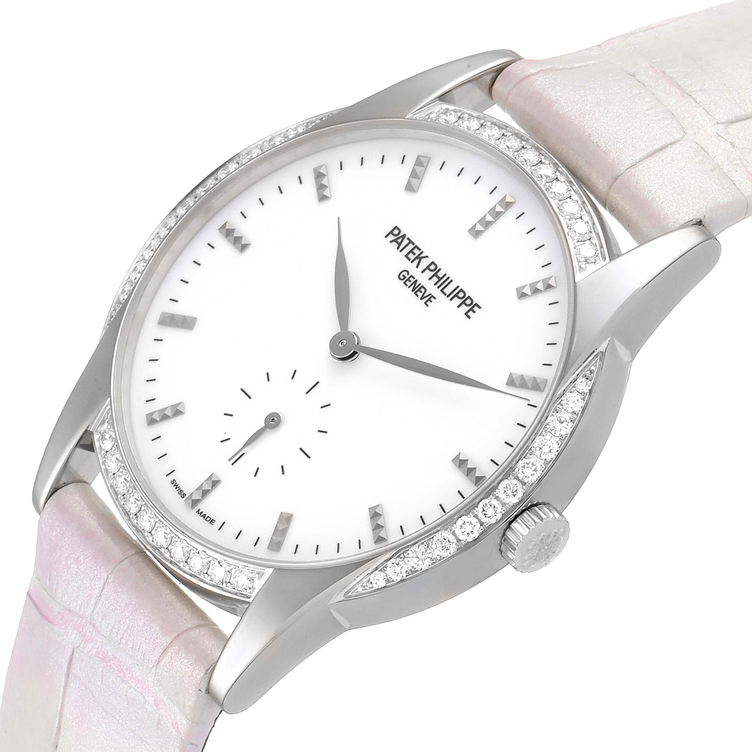 The image shows the face and side view of the Patek Philippe Calatrava 7122/200G Women's White Gold White Dial 7122/200G Women's White Gold White Dial watch, highlighting its dial, crown, and leather strap.
