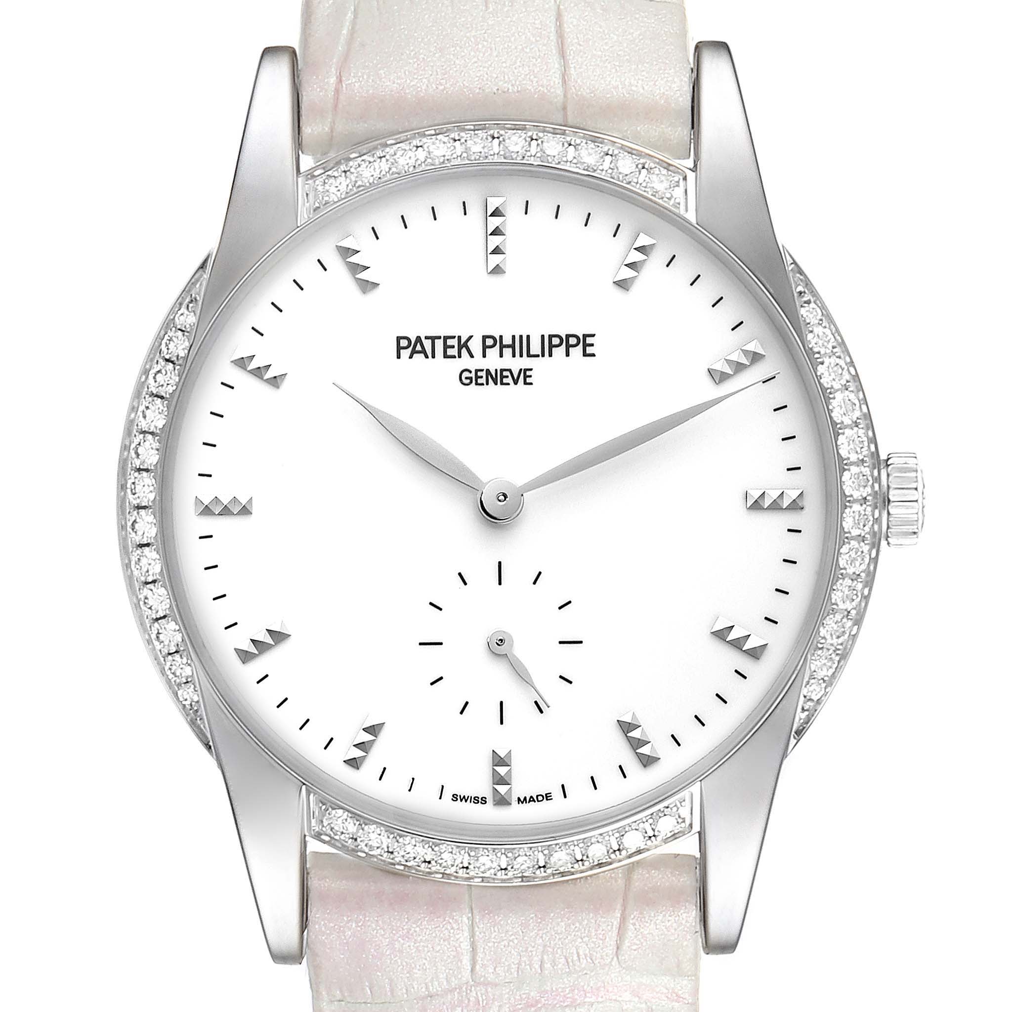 This image shows a front view of a Patek Philippe Calatrava 7122/200G Women's White Gold White Dial 7122/200G Women's White Gold White Dial watch, highlighting its face, hour markers, and bezel.