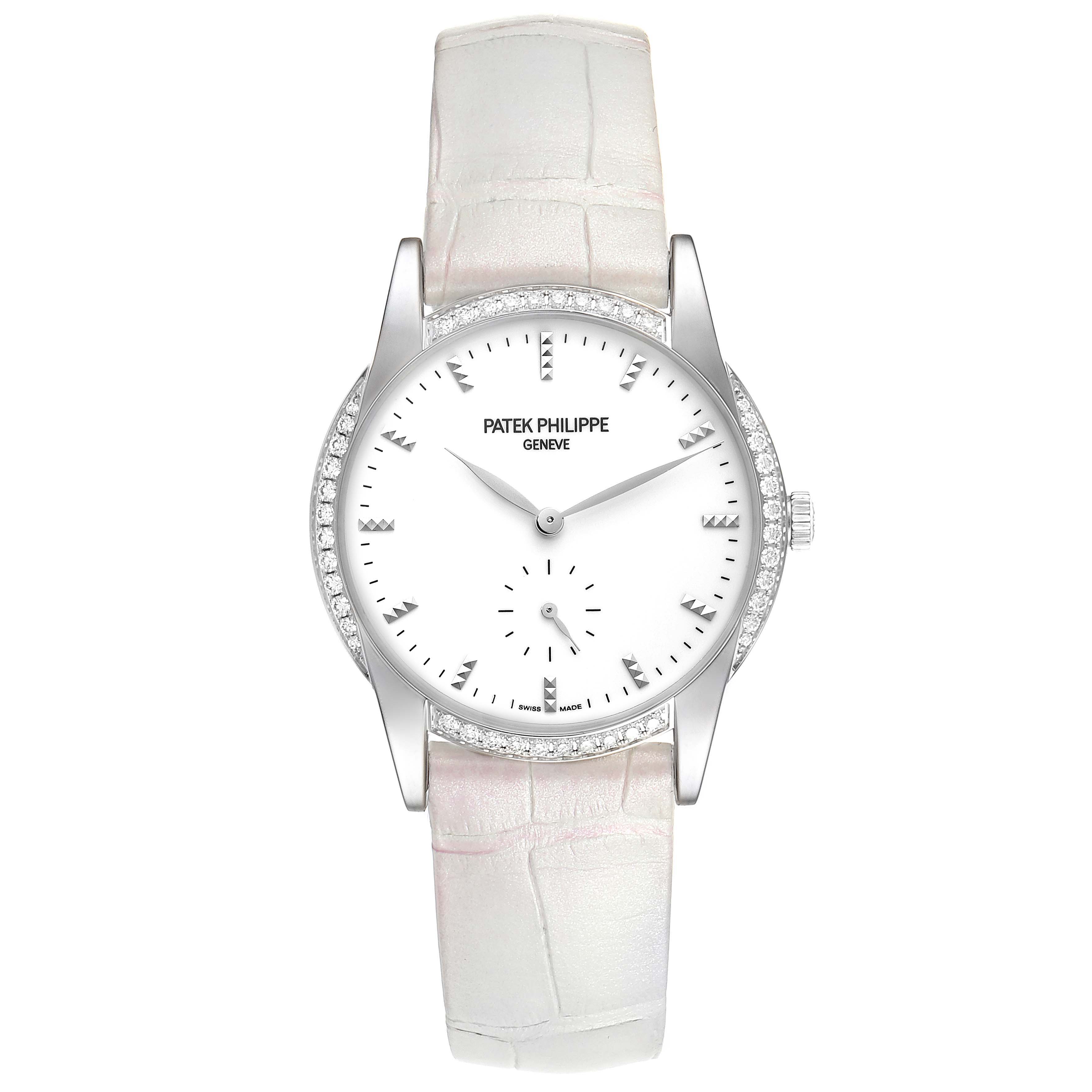 This is a front view of the Patek Philippe Calatrava 7122/200G Women's White Gold White Dial 7122/200G Women's White Gold White Dial watch, showing its face, bezel, and strap.