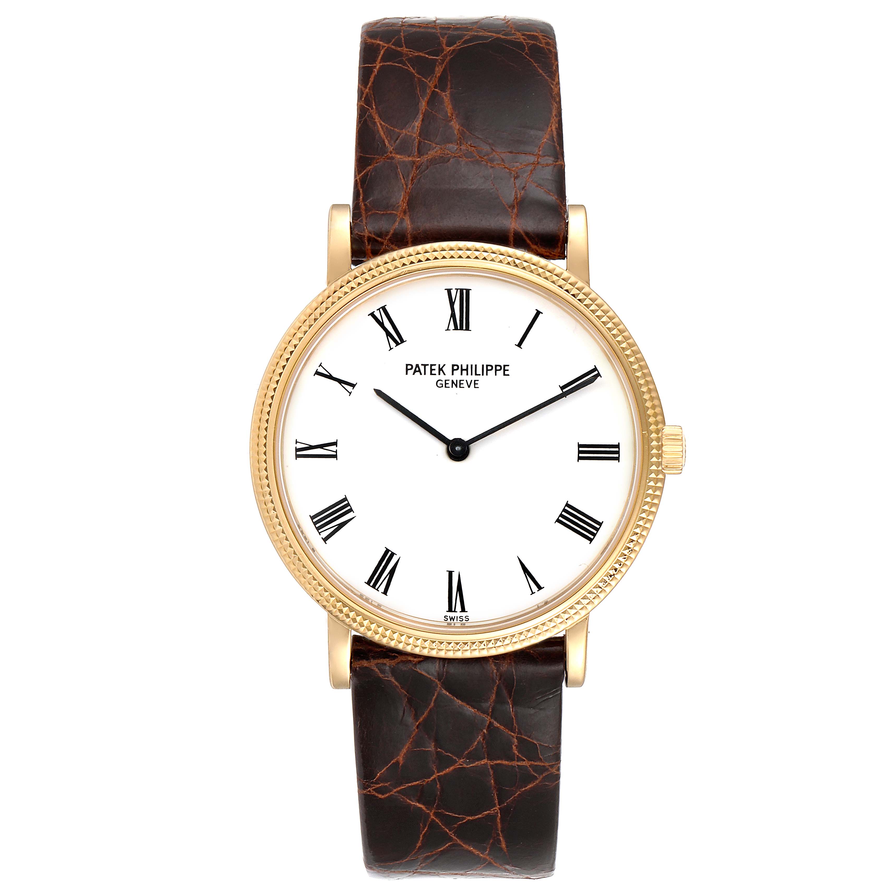 The image shows a Patek Philippe Calatrava 5120J Men's Yellow Gold White Dial 5120J Men's Yellow Gold White Dial watch with a gold case, brown leather strap, white dial, and Roman numerals, viewed from the front.