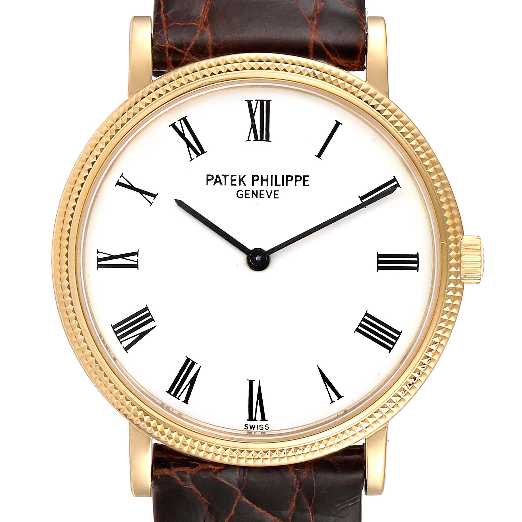 The image shows a front view of a Patek Philippe Calatrava 5120J Men's Yellow Gold White Dial 5120J Men's Yellow Gold White Dial watch with a white dial, Roman numerals, and a brown leather strap.