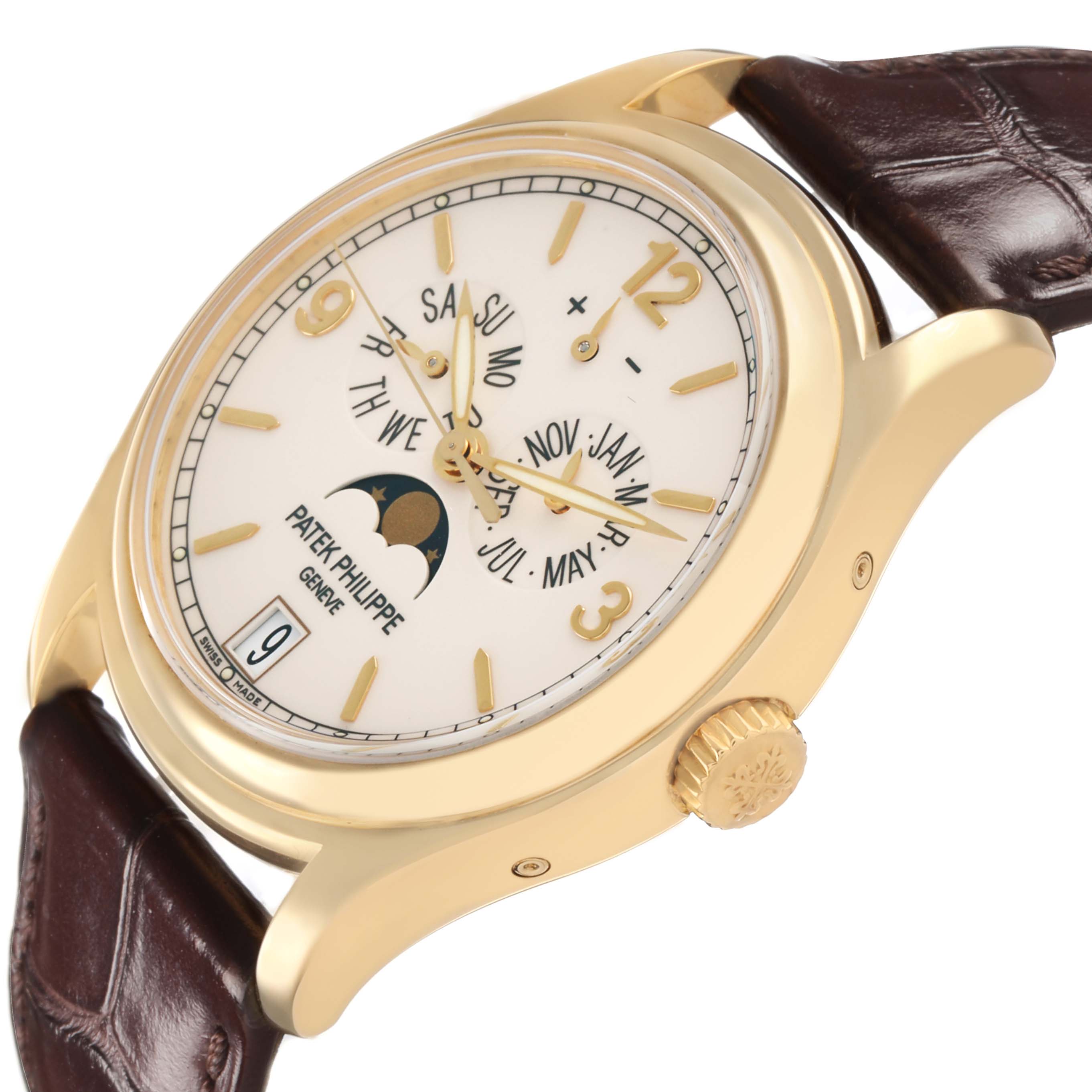 The Patek Philippe Complications 5146J Men's Yellow Gold White Dial watch is shown at an angle highlighting the face, crown, and leather strap.