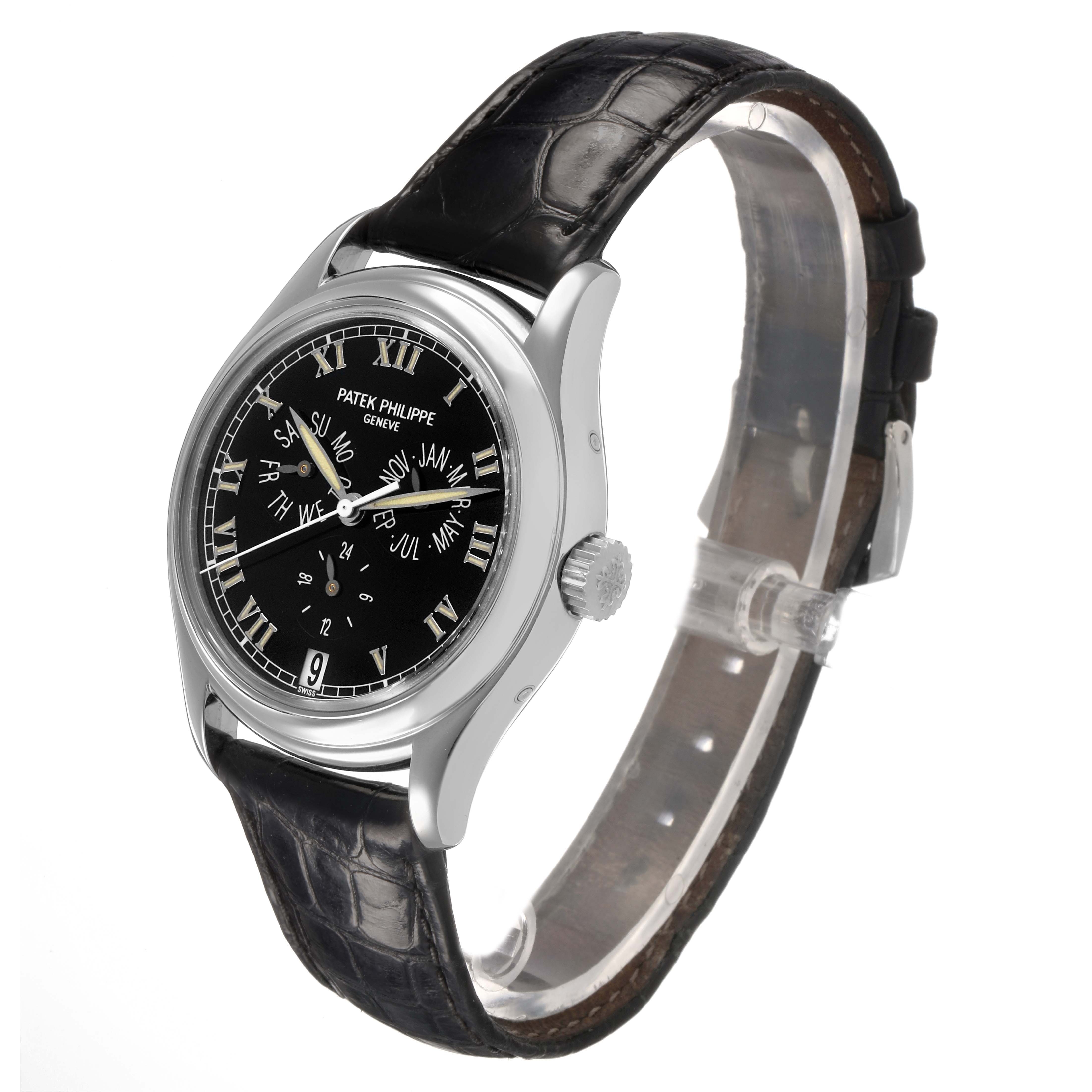 The Patek Philippe Complications 5035G Men's White Gold Black Dial watch is shown at a slight side angle, highlighting its dial, case, and leather strap.