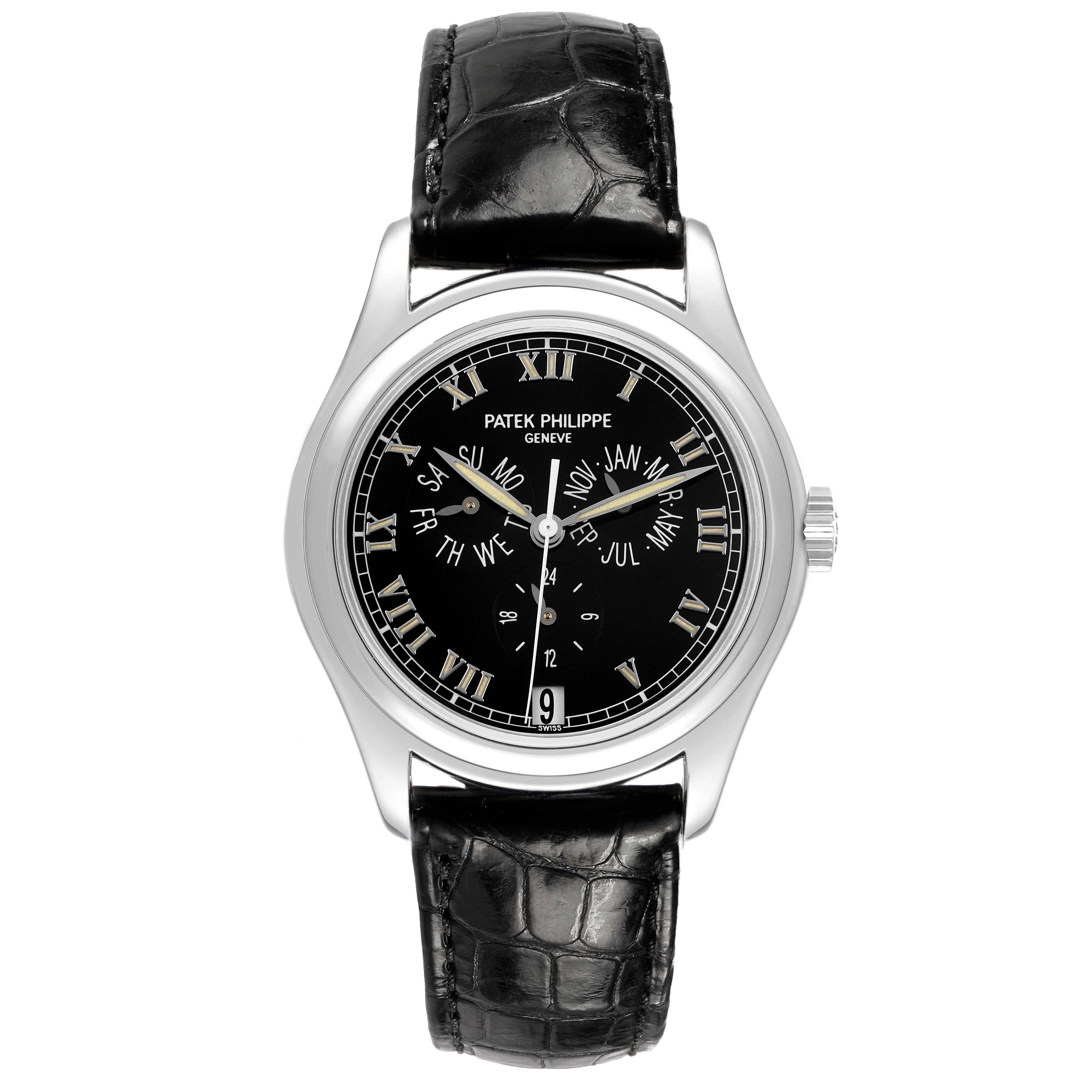 The Patek Philippe Complications 5035G Men's White Gold Black Dial watch is shown from a front angle, highlighting the dial, case, and leather strap.