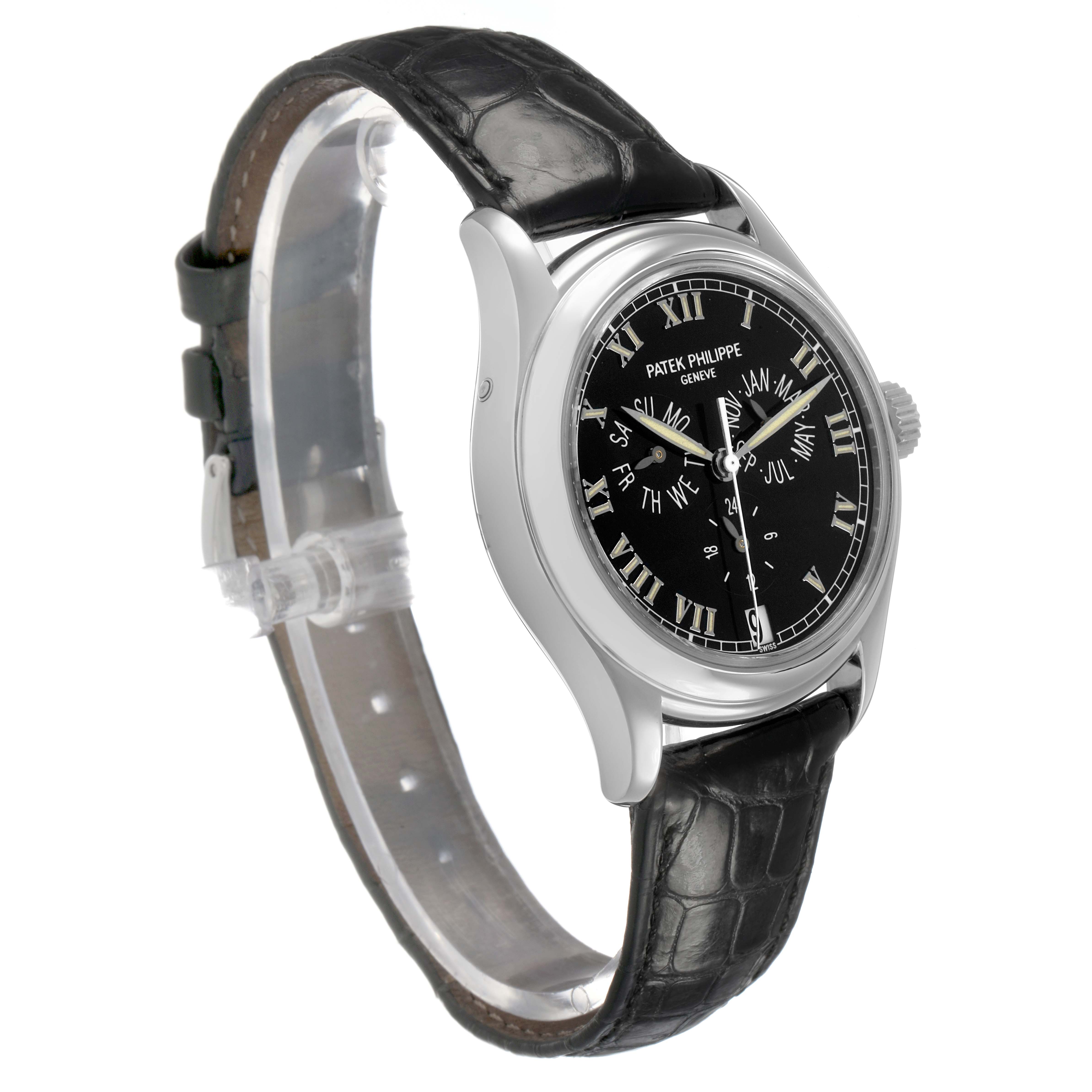 The Patek Philippe Complications 5035G Men's White Gold Black Dial watch is shown at a slight side angle, highlighting the black dial, Roman numerals, and leather strap.