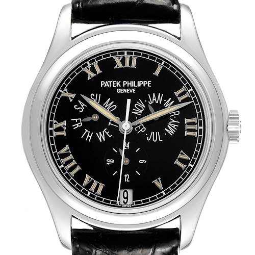 The Patek Philippe Complications 5035G Men's White Gold Black Dial watch is shown from the front, featuring its black dial, Roman numerals, and date display.