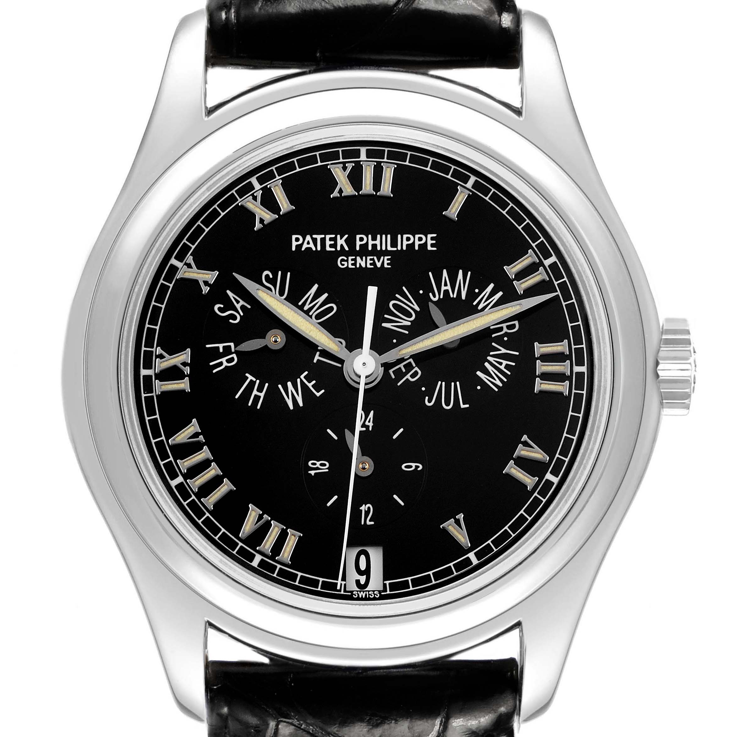 The Patek Philippe Complications 5035G Men's White Gold Black Dial model is shown from the front, displaying the dial with Roman numerals, subdials, and a leather strap.