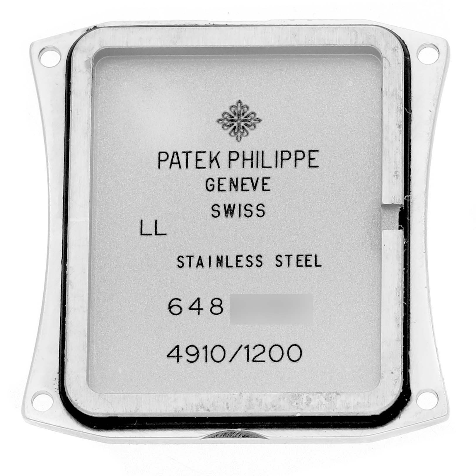 The image shows the case back of a Patek Philippe Twenty-4 4910/1200A-001 Women's Stainless Steel Blue Dial 4910/1200A-001 Women's Stainless Steel Blue Dial watch, displaying branding and material details.