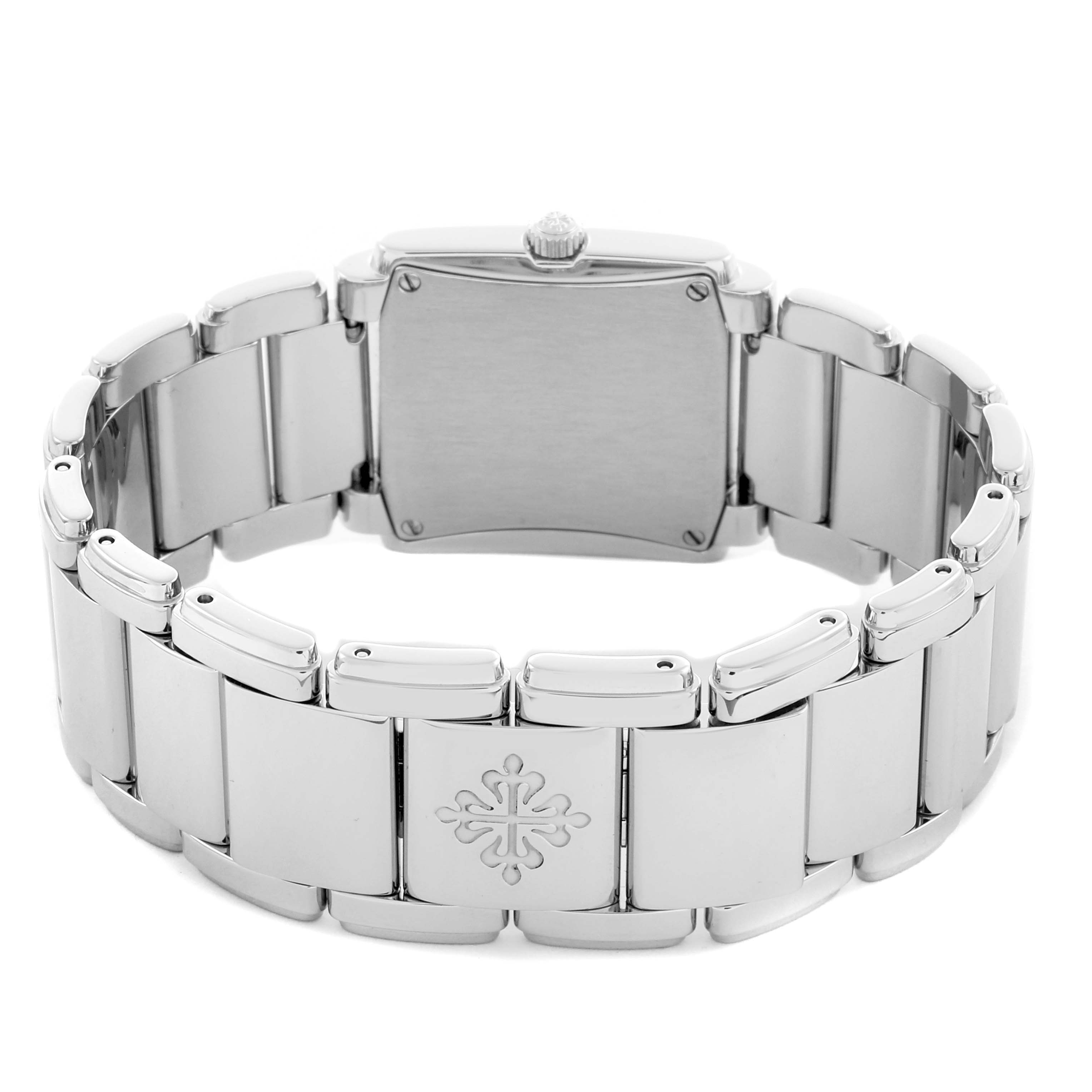 The image shows the back view of the Patek Philippe Twenty-4 4910/1200A-001 Women's Stainless Steel Blue Dial 4910/1200A-001 Women's Stainless Steel Blue Dial, highlighting the bracelet and clasp with the brand logo.