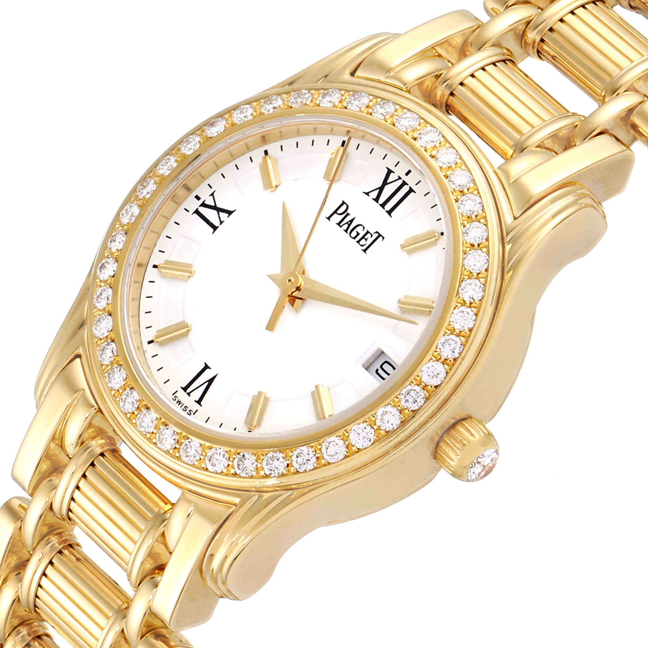 The image shows a close-up of the Piaget 22005 Women's Yellow Gold White Dial 22005 Women's Yellow Gold White Dial Polo 18k Yellow Gold White Roman Dial Diamond Ladies Watch 22005, highlighting the face and part of the bracelet.