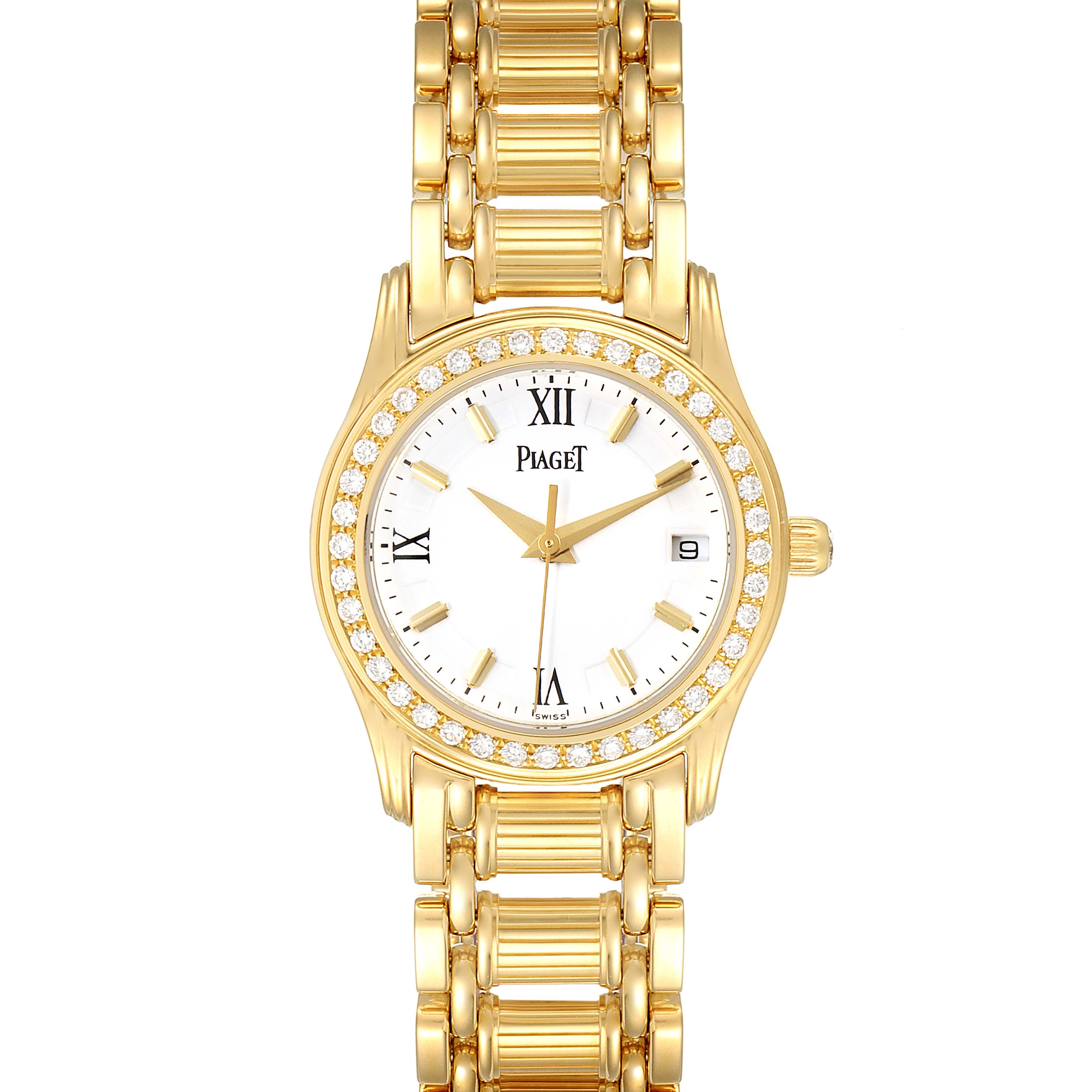 The Piaget 22005 Women's Yellow Gold White Dial 22005 Women's Yellow Gold White Dial Polo 18k Yellow Gold White Roman Dial Diamond Ladies Watch 22005 is shown from a top-down angle, displaying its face and bracelet.