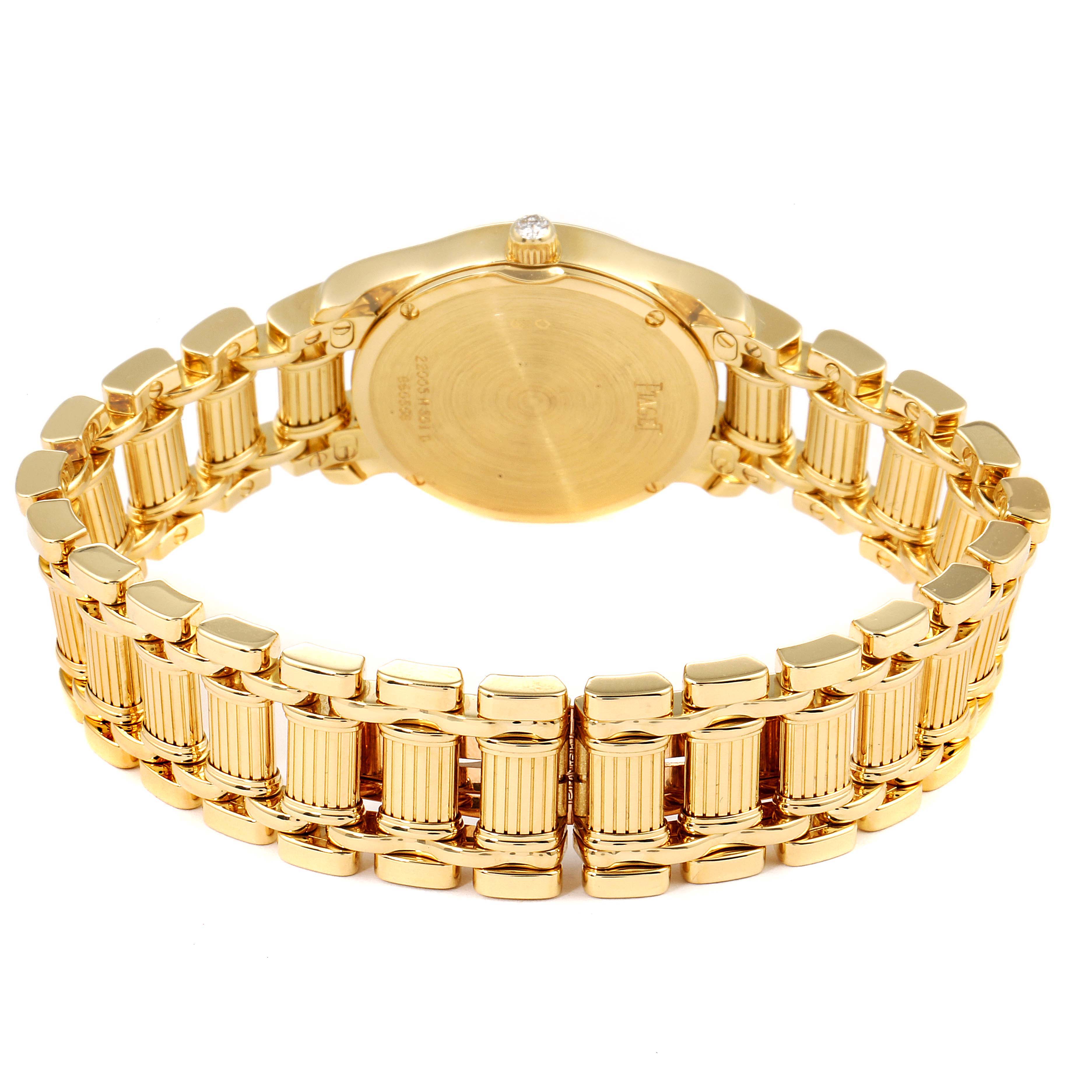This image shows the back and bracelet of the Piaget 22005 Women's Yellow Gold White Dial 22005 Women's Yellow Gold White Dial Polo 18k Yellow Gold White Roman Dial Diamond Ladies Watch model 22005.