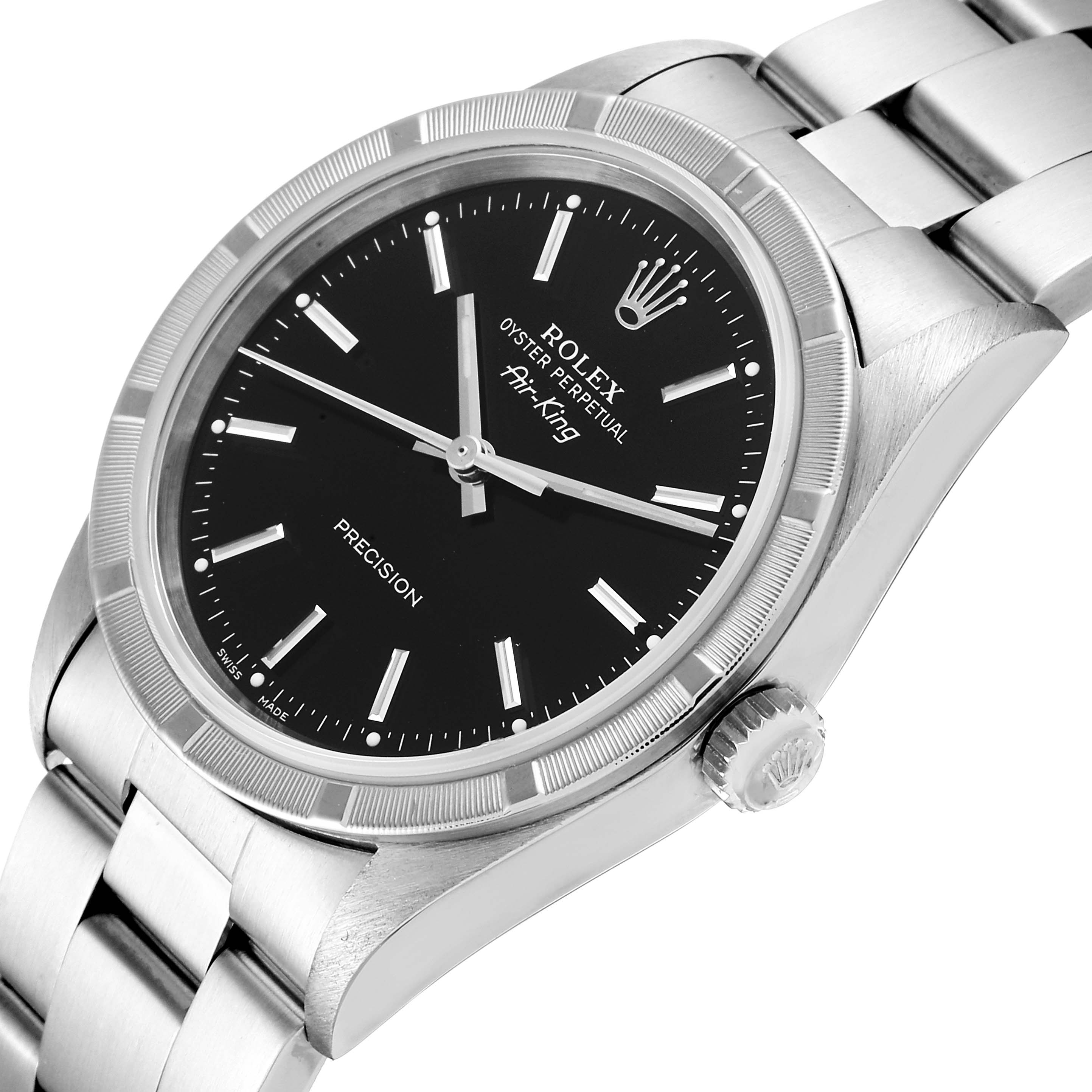 The image shows a close-up, angled view of the Rolex Air-King 14010 Men's Stainless Steel Black Dial 14010 Men's Stainless Steel Black Dial watch, highlighting the face, bezel, crown, and part of the bracelet.