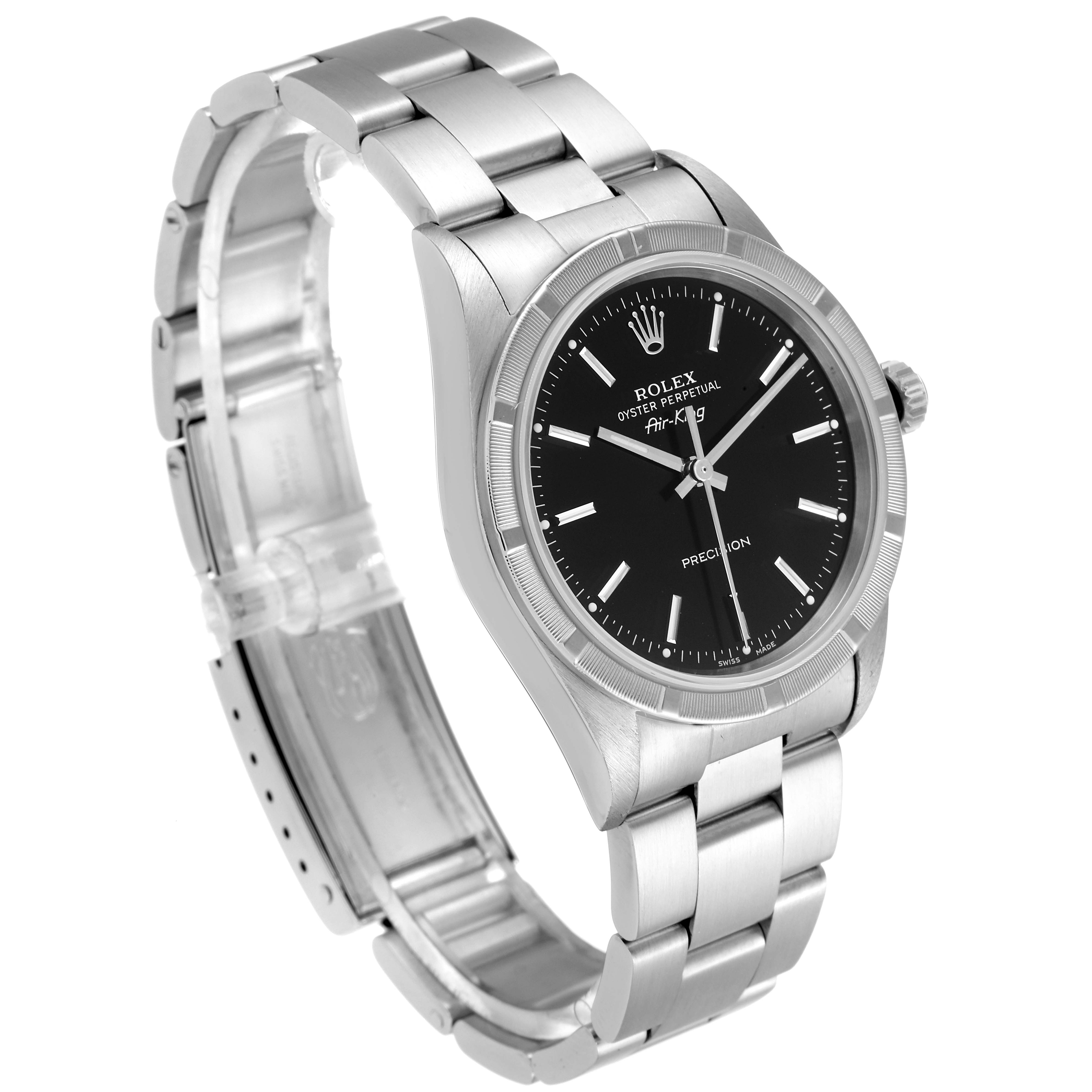 This image shows a Rolex Air-King 14010 Men's Stainless Steel Black Dial 14010 Men's Stainless Steel Black Dial watch at a slight angle, highlighting its black dial, silver case, and metal bracelet.